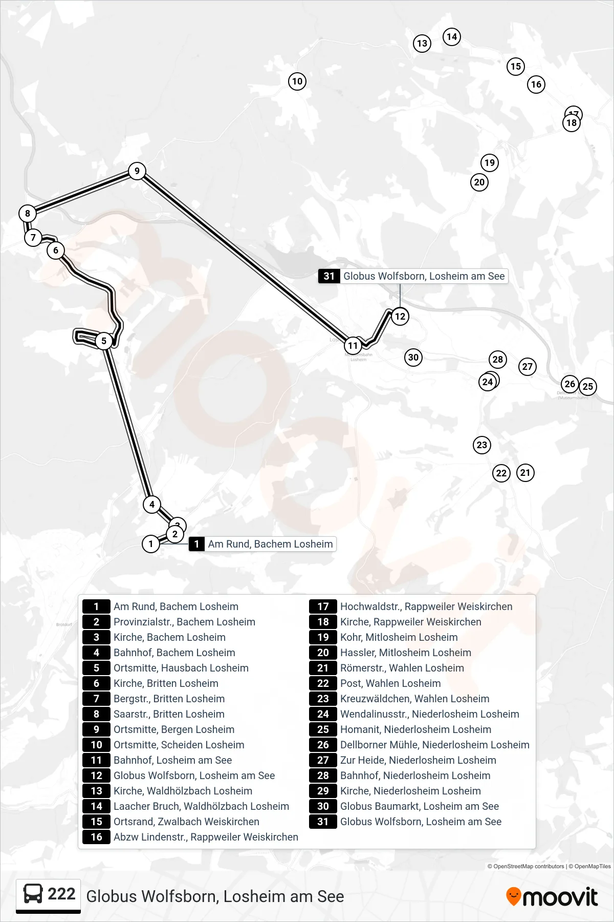 Linie 222 (Bus) Richtung Globus Wolfsborn, Losheim am See: Route und Haltestellen auf der Karte