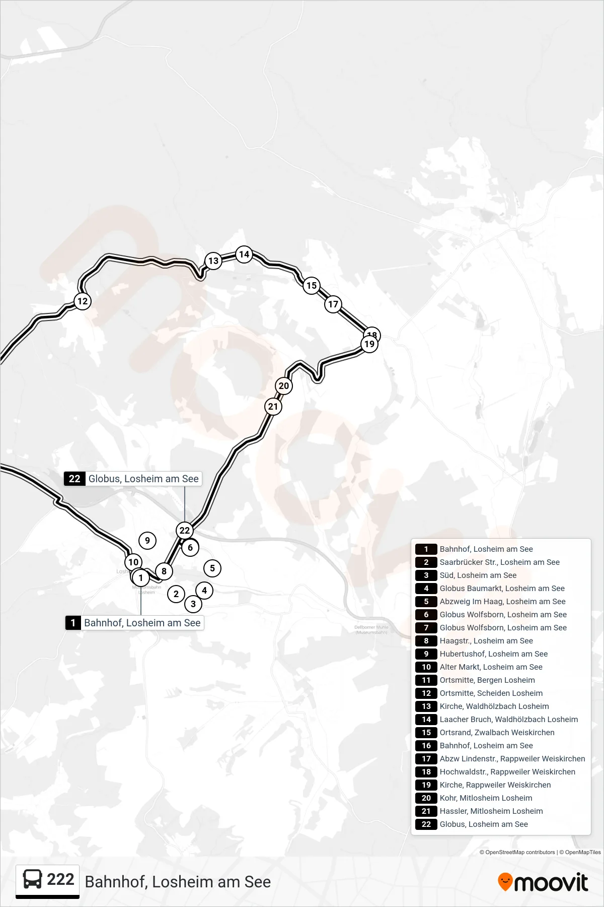 222 bus Line (Bahnhof, Losheim am See) route and stops on a map