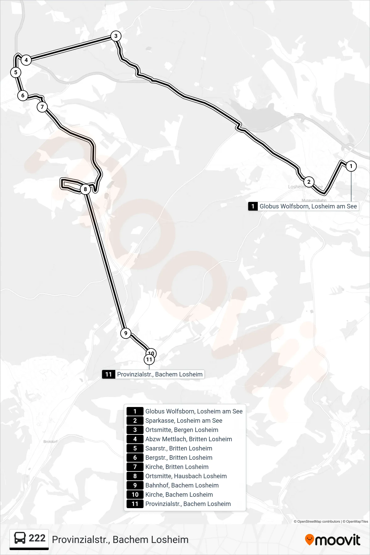 222 bus Line (Provinzialstr., Bachem Losheim) route and stops on a map