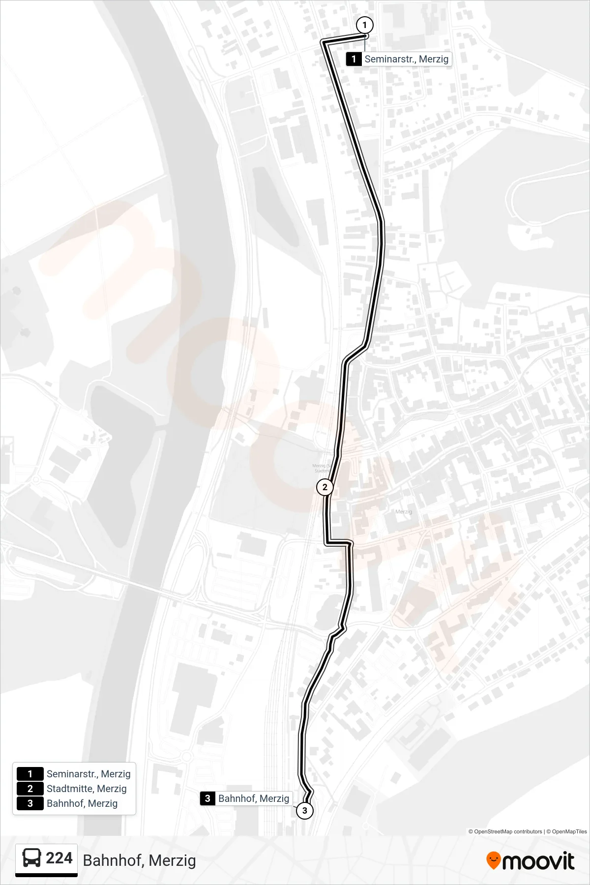 224 bus Line (Bahnhof, Merzig) route and stops on a map