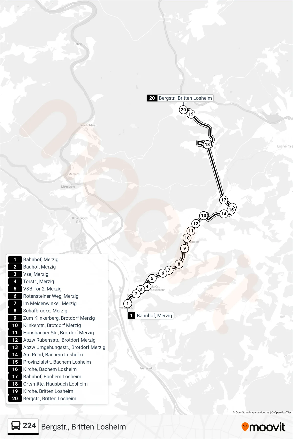 224 bus Line (Bergstr., Britten Losheim) route and stops on a map