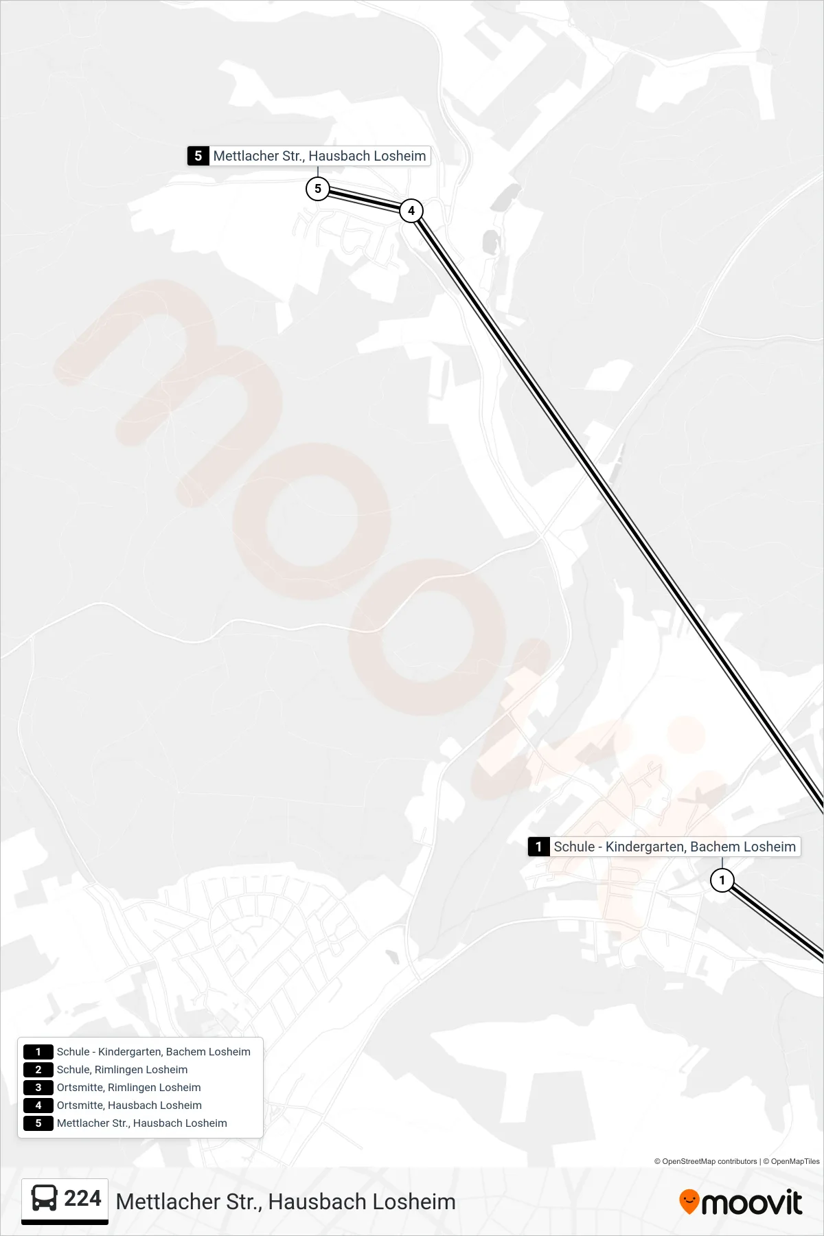 224 bus Line (Mettlacher Str., Hausbach Losheim) route and stops on a map