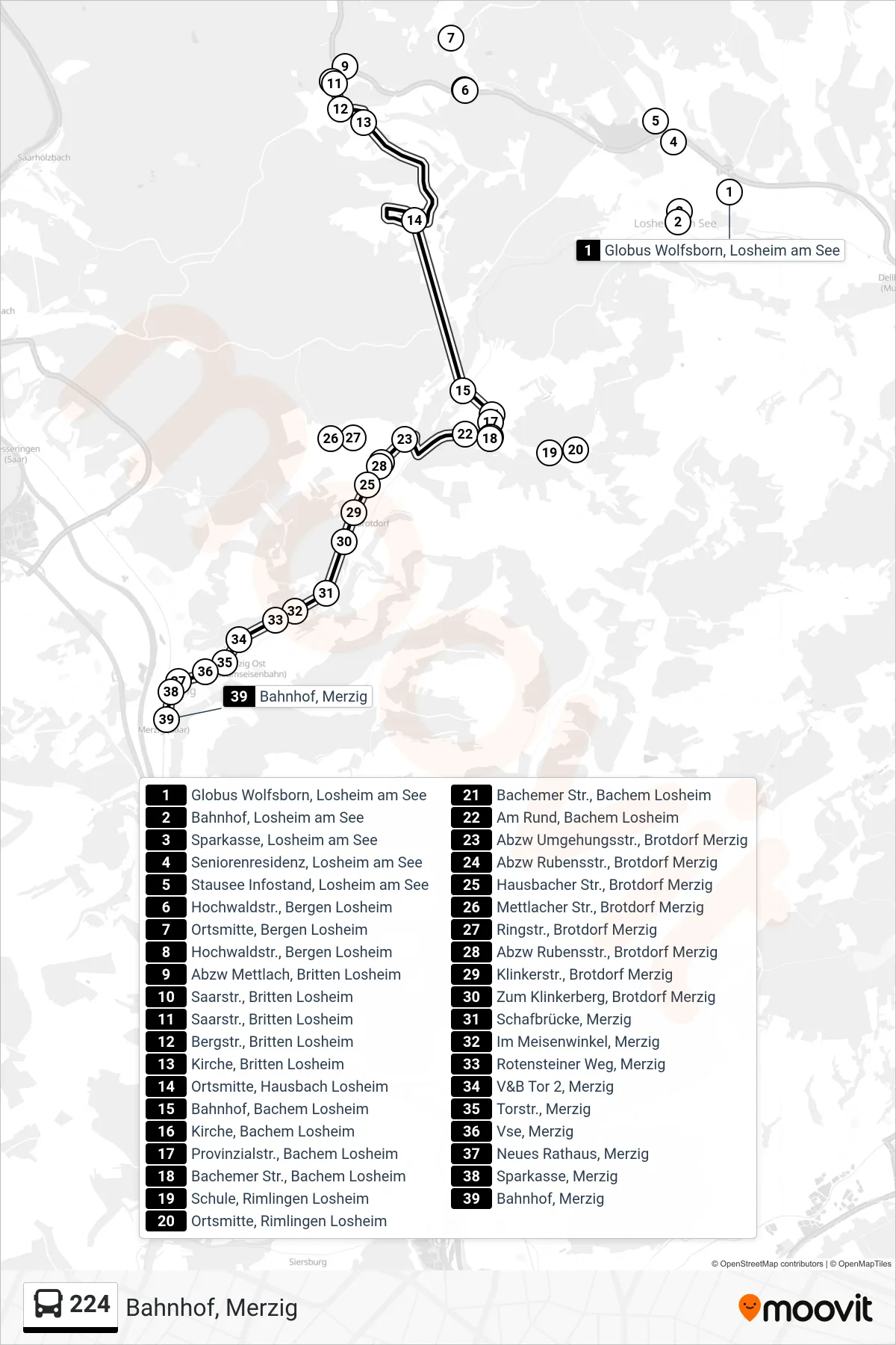 Linie 224 (Bus) Richtung Bahnhof, Merzig: Route und Haltestellen auf der Karte