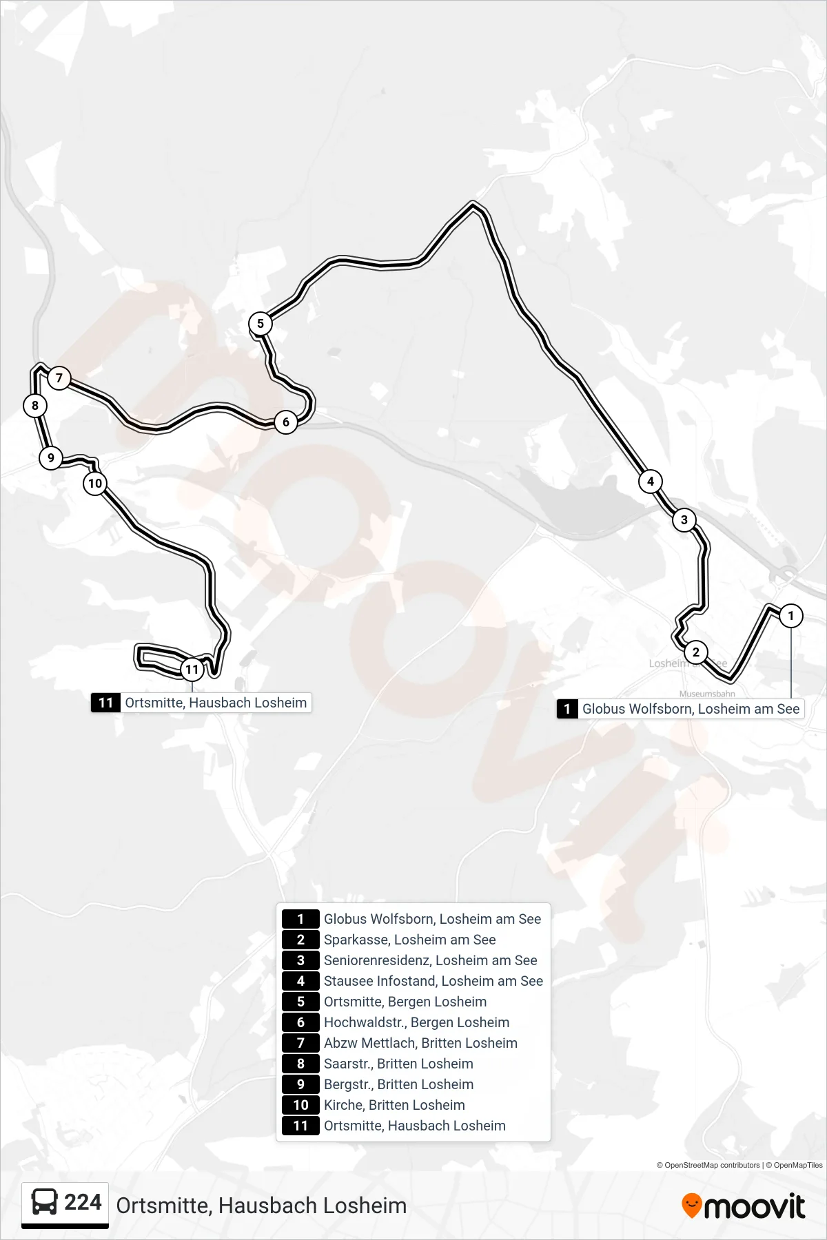 224 bus Line (Ortsmitte, Hausbach Losheim) route and stops on a map