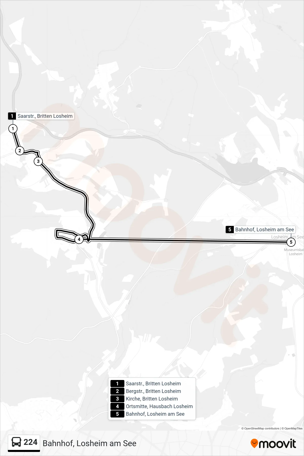 224 bus Line (Bahnhof, Losheim am See) route and stops on a map