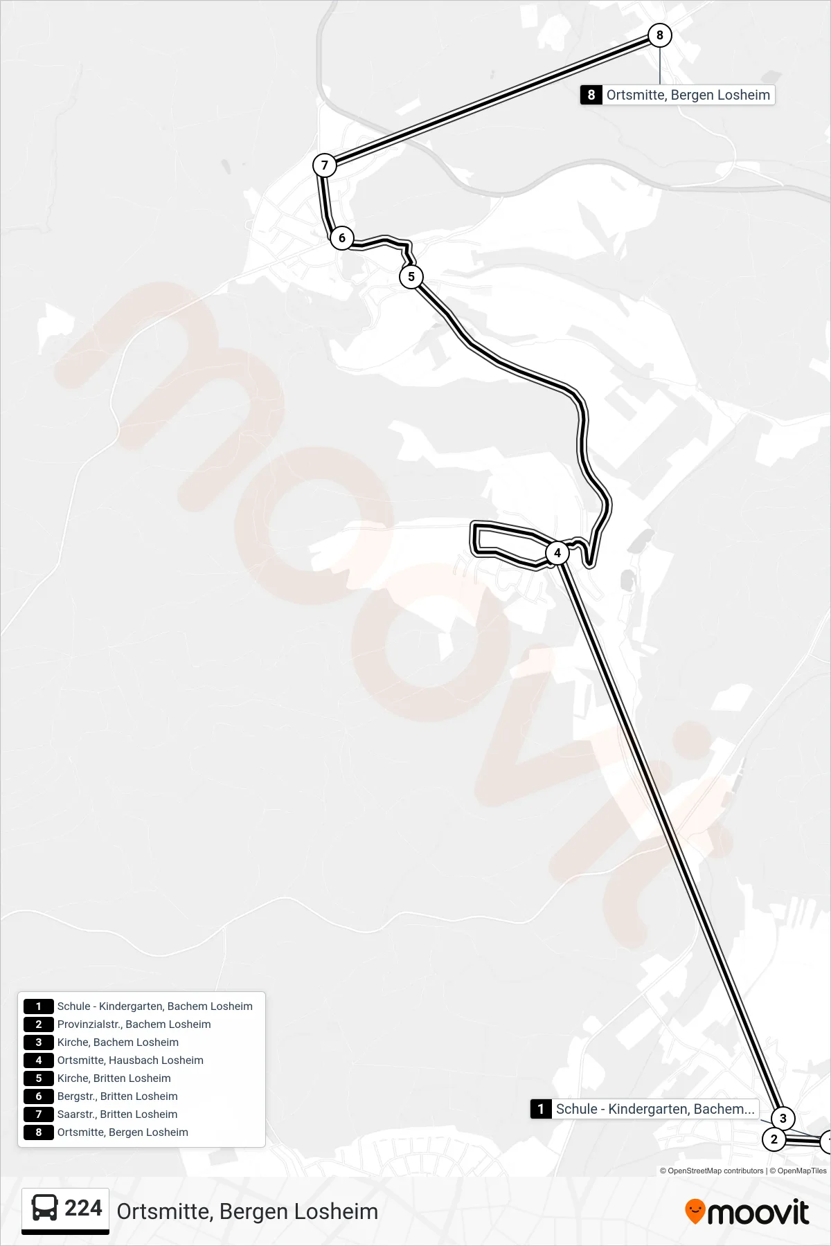 224 bus Line (Ortsmitte, Bergen Losheim) route and stops on a map