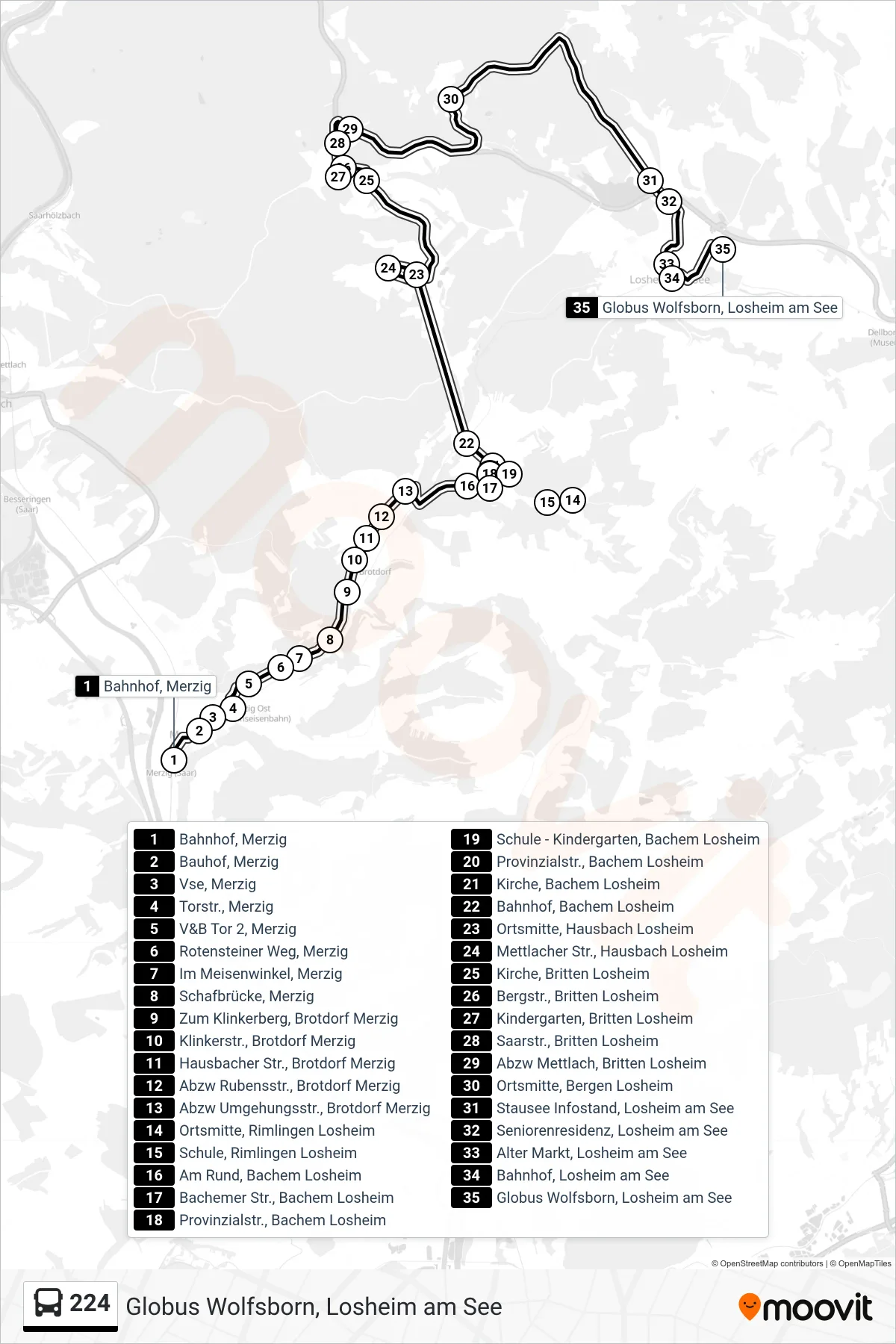 224 bus Line (Globus Wolfsborn, Losheim am See) route and stops on a map