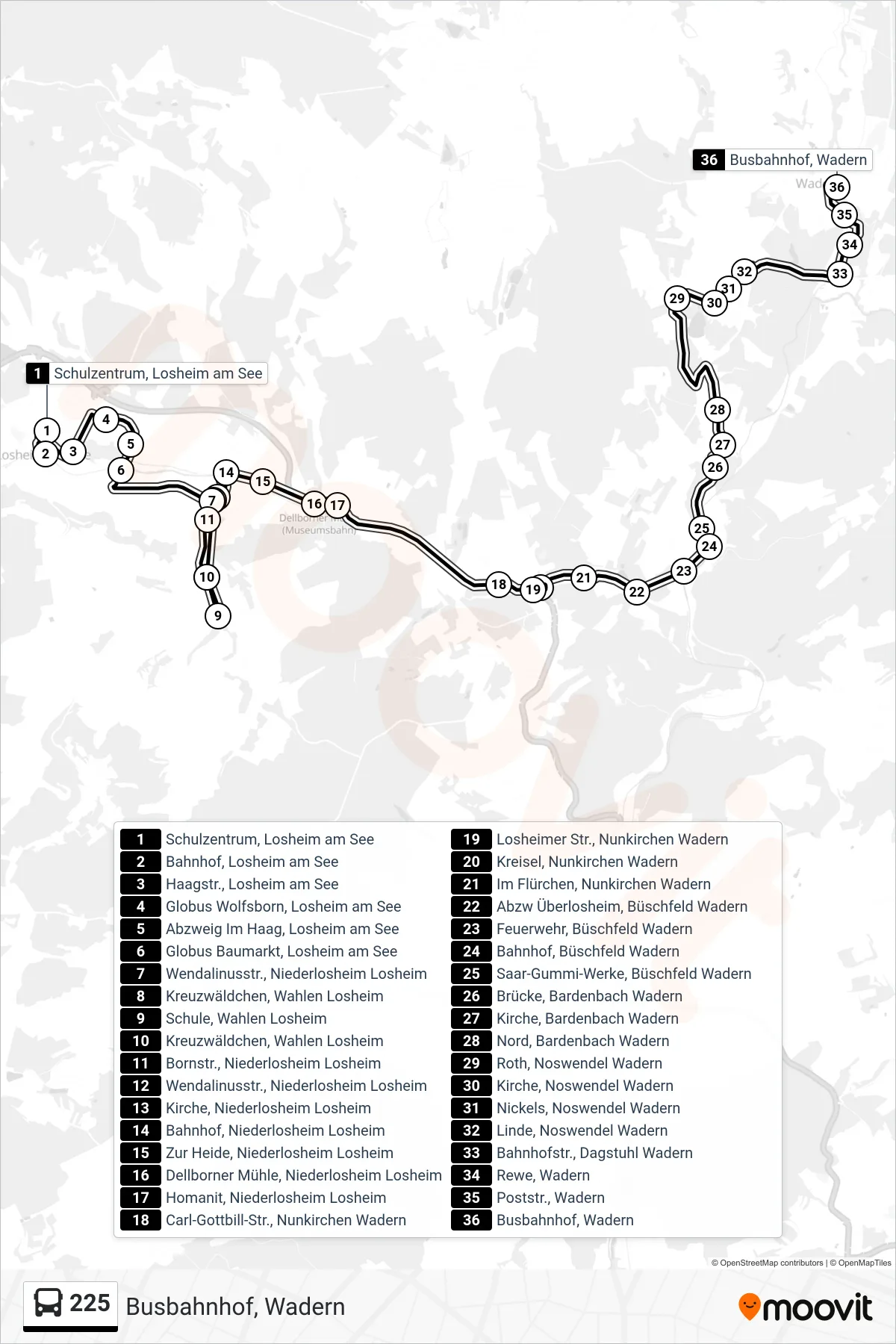 Linie 225 (Bus) Richtung Busbahnhof, Wadern: Route und Haltestellen auf der Karte