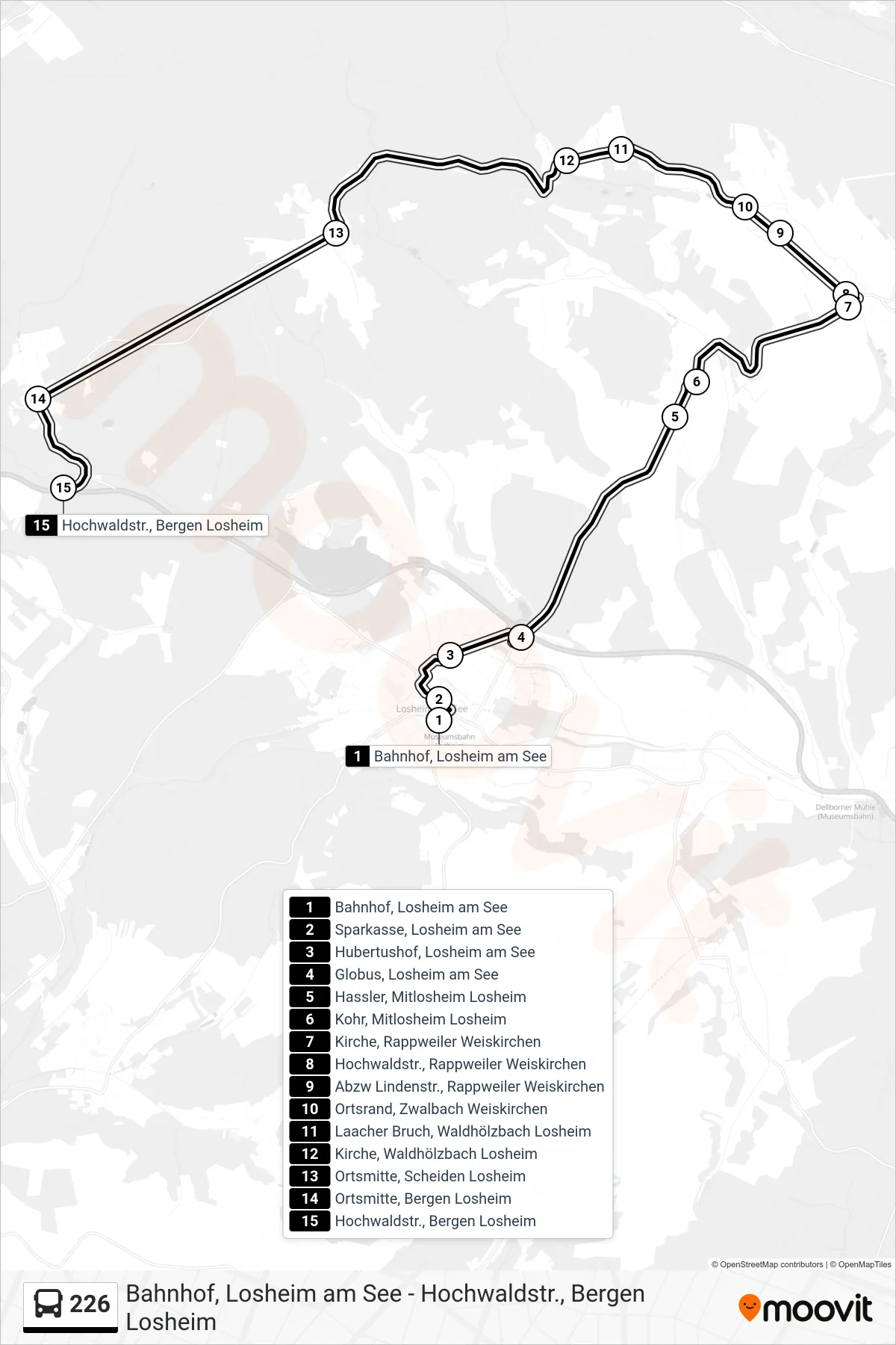 226 bus Line (Hochwaldstr., Bergen Losheim) route and stops on a map