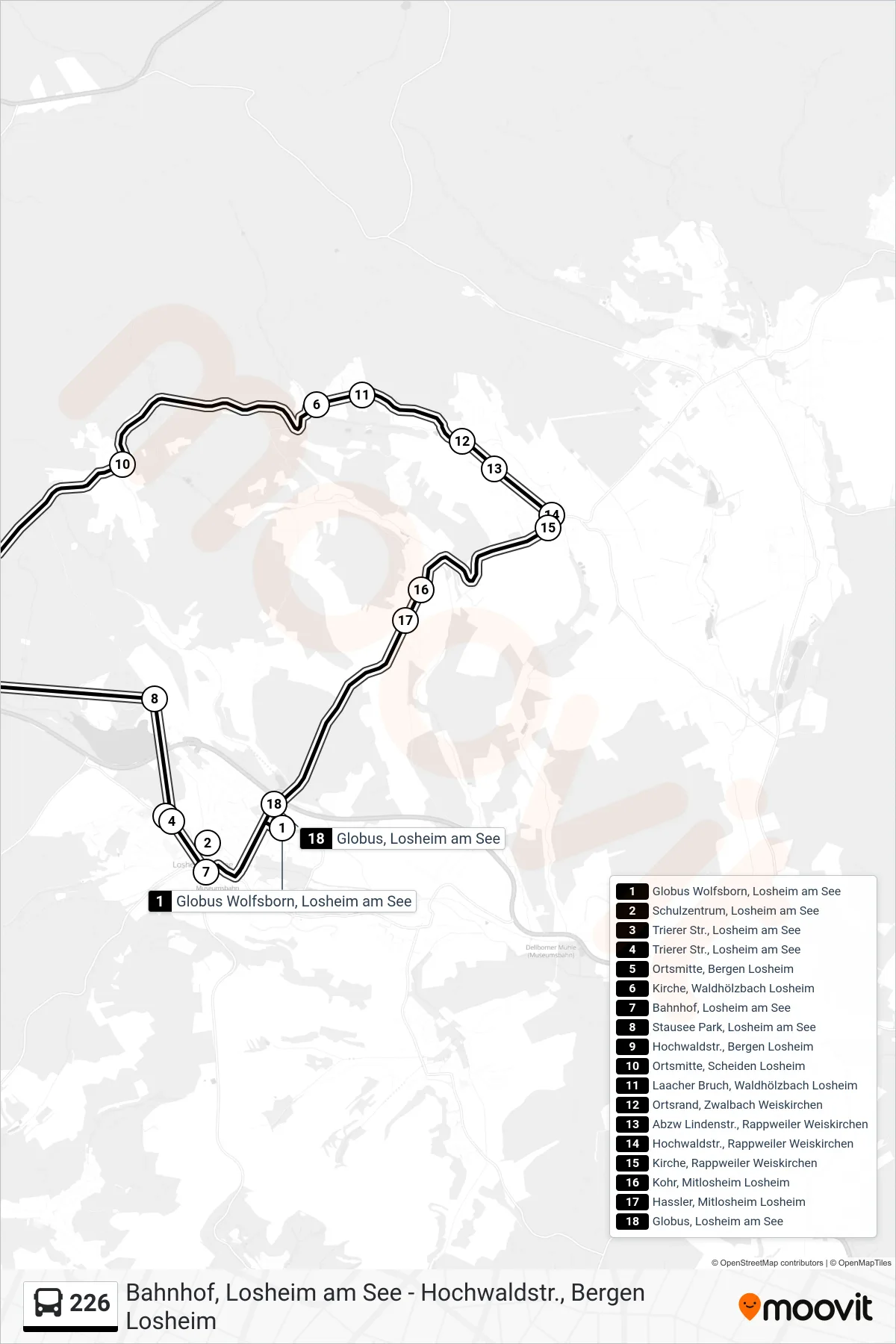226 bus Line (Bahnhof, Losheim am See) route and stops on a map