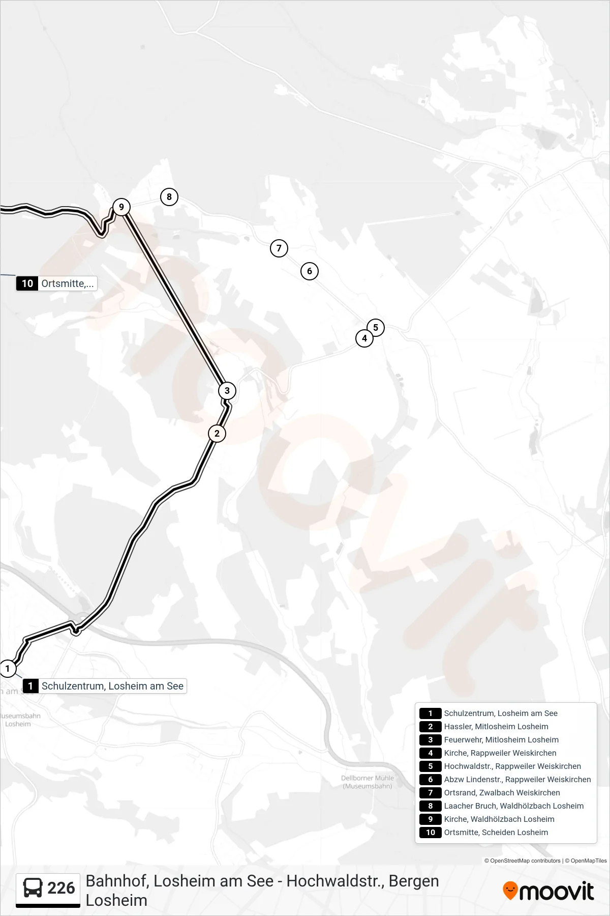 226 bus Line (Ortsmitte, Scheiden Losheim) route and stops on a map