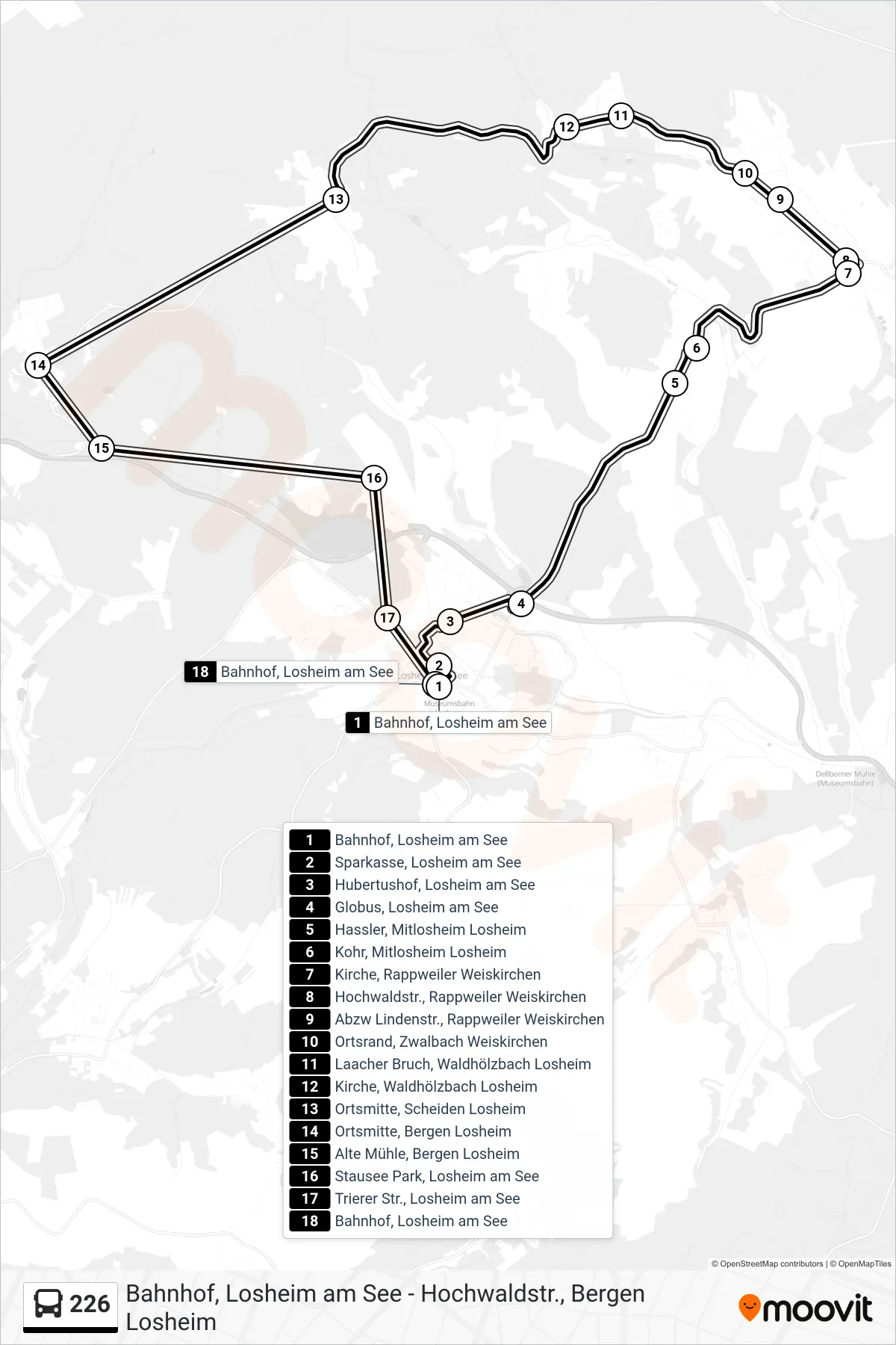 226 bus Line (Bahnhof, Losheim am See) route and stops on a map