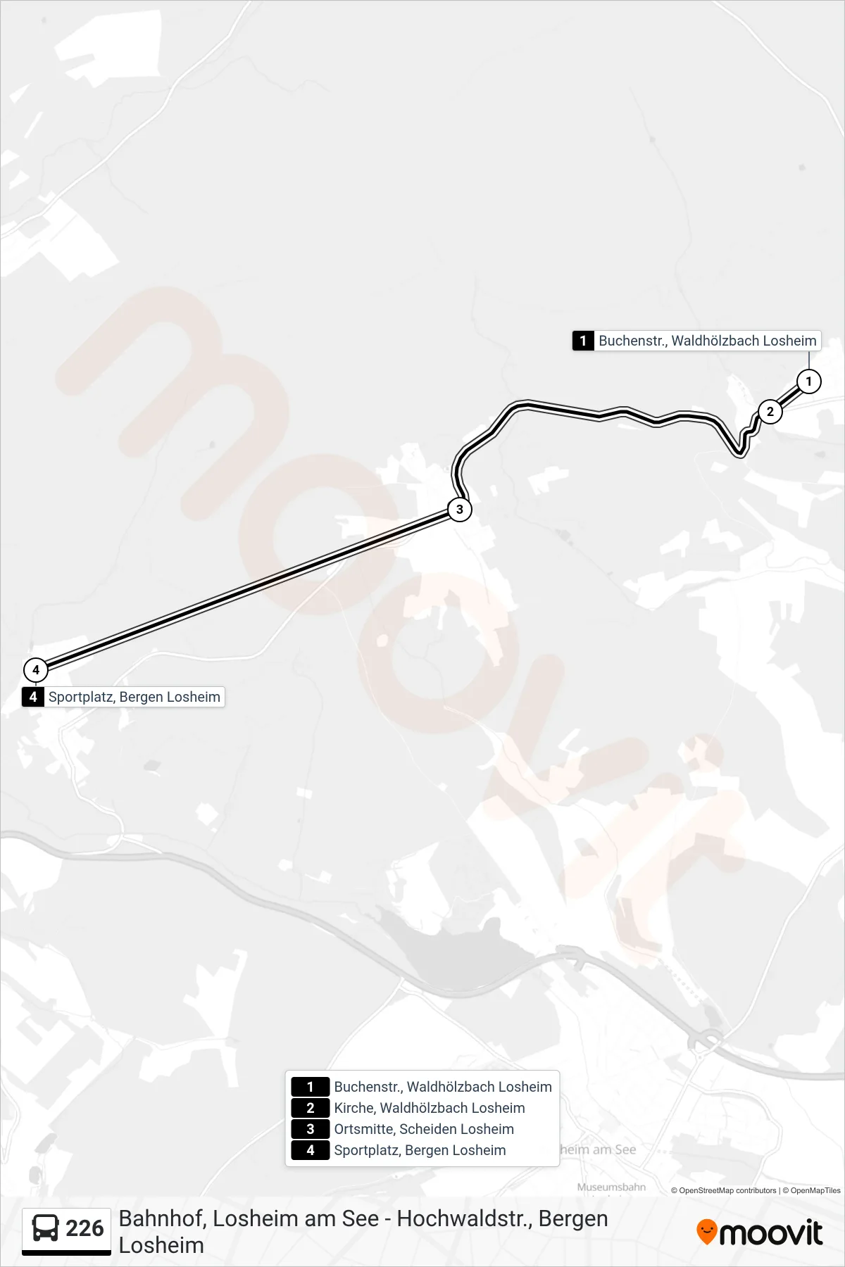226 bus Line (Sportplatz, Bergen Losheim) route and stops on a map