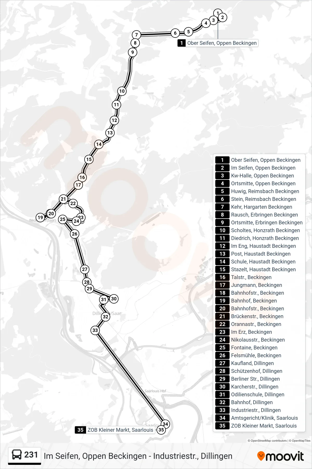 231 bus Line (ZOB Kleiner Markt, Saarlouis) route and stops on a map