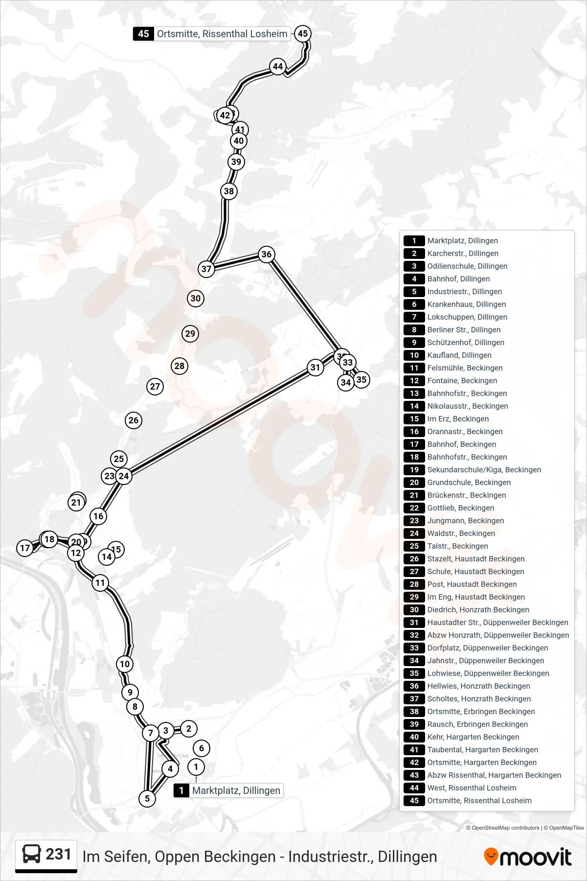 231 bus Line (Ortsmitte, Rissenthal Losheim) route and stops on a map