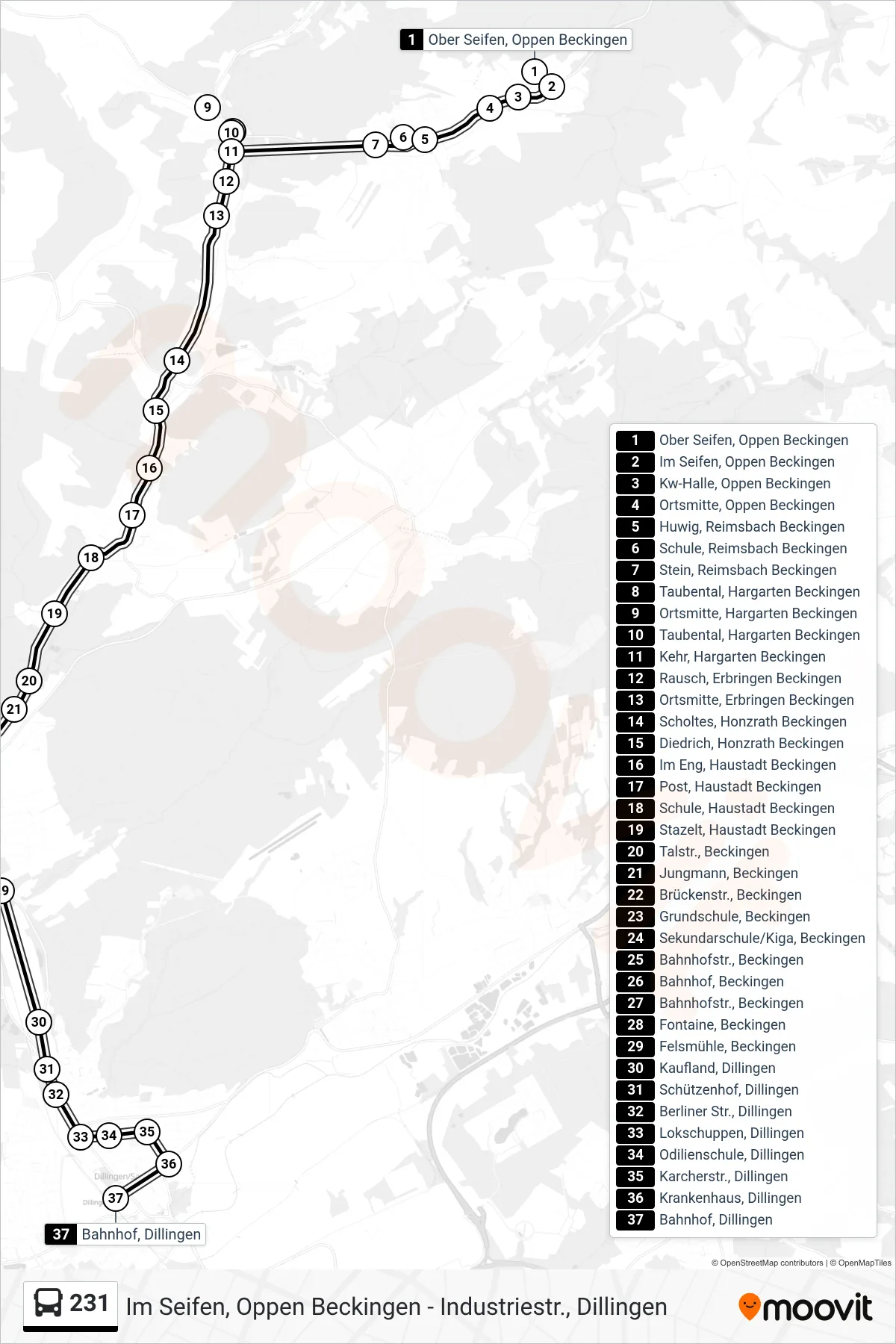 231 bus Line (Bahnhof, Dillingen) route and stops on a map