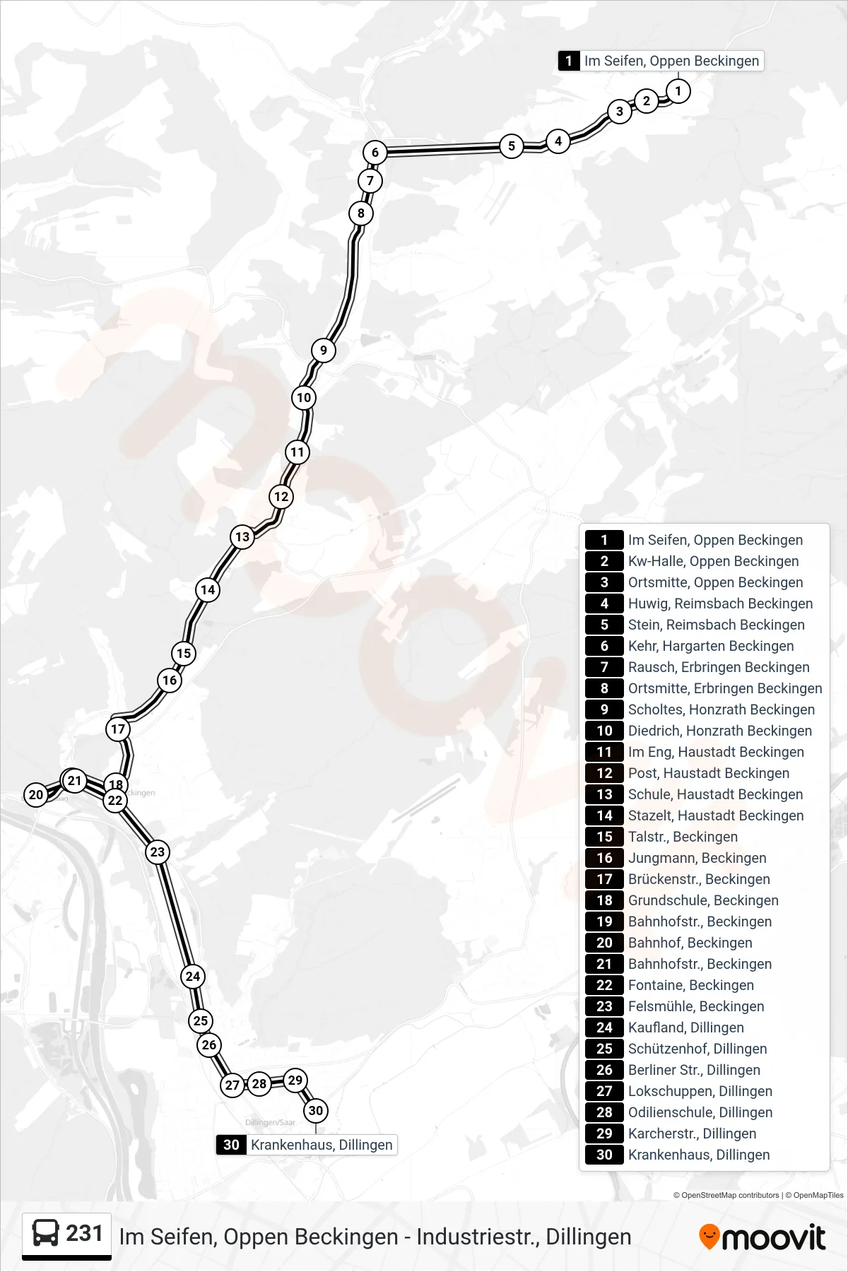 231 bus Line (Krankenhaus, Dillingen) route and stops on a map