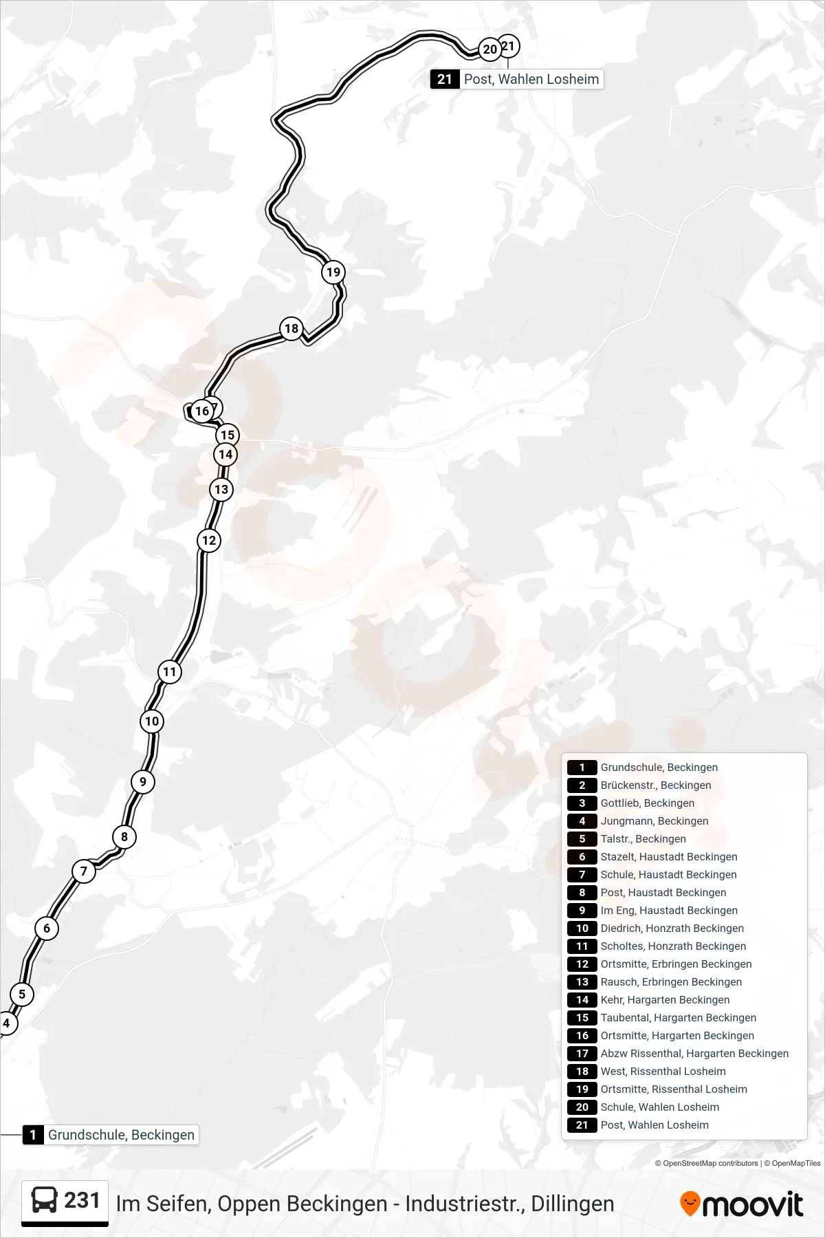 231 bus Line (Post, Wahlen Losheim) route and stops on a map