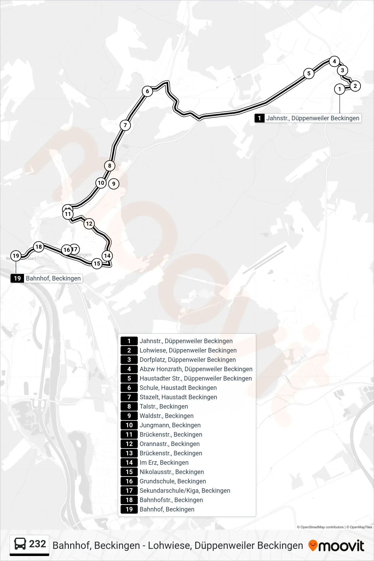 232 bus Line (Bahnhof, Beckingen) route and stops on a map