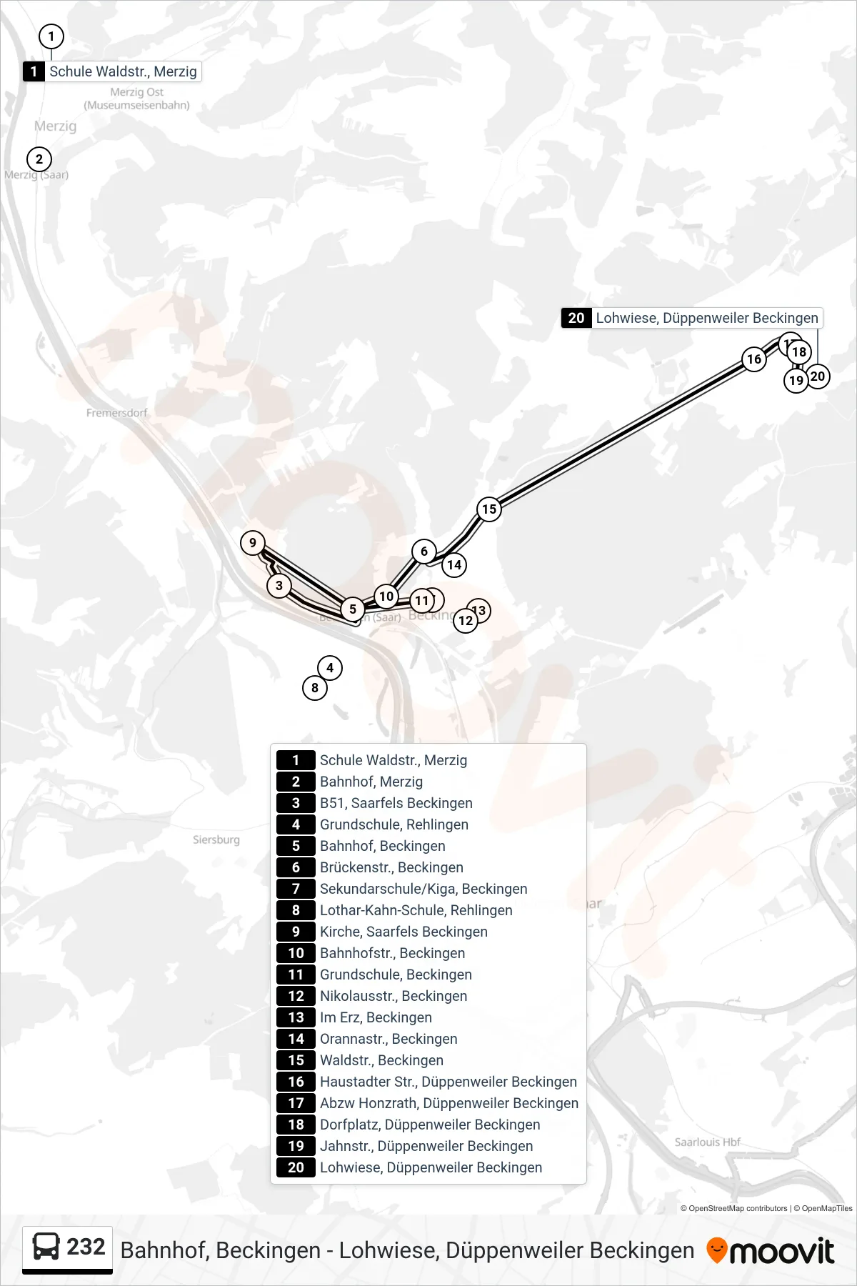 232 bus Line (Lohwiese, Düppenweiler Beckingen) route and stops on a map