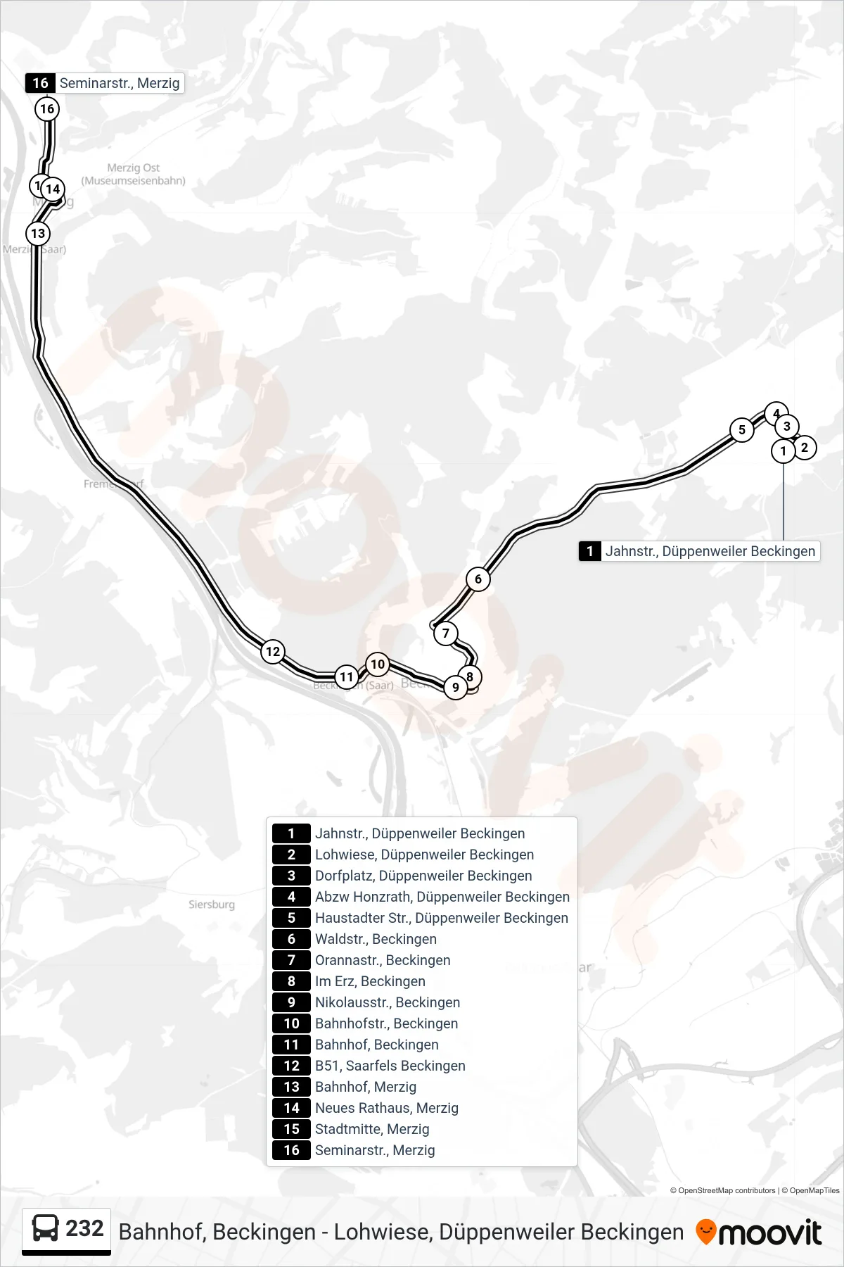 Linie 232 (Bus) Richtung Seminarstr., Merzig: Route und Haltestellen auf der Karte