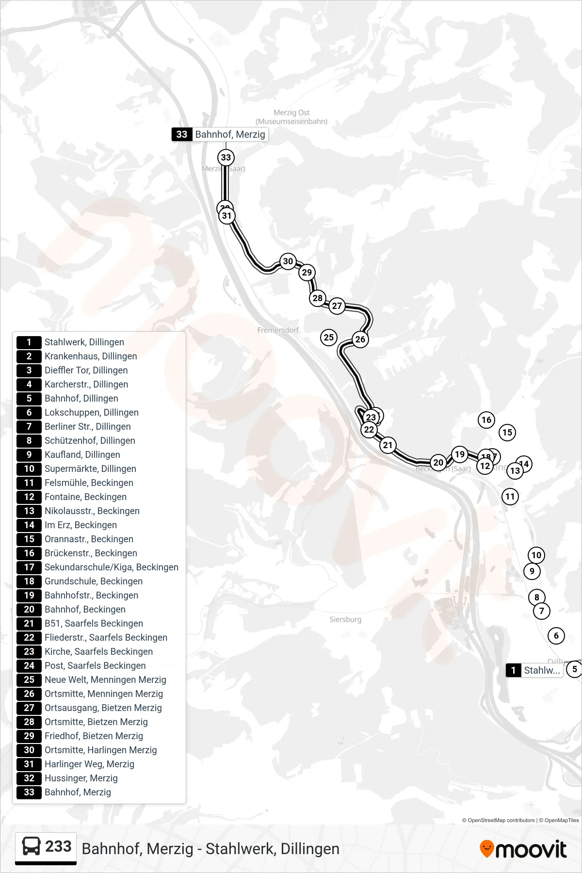 Linie 233 (Bus) Richtung Bahnhof, Merzig: Route und Haltestellen auf der Karte