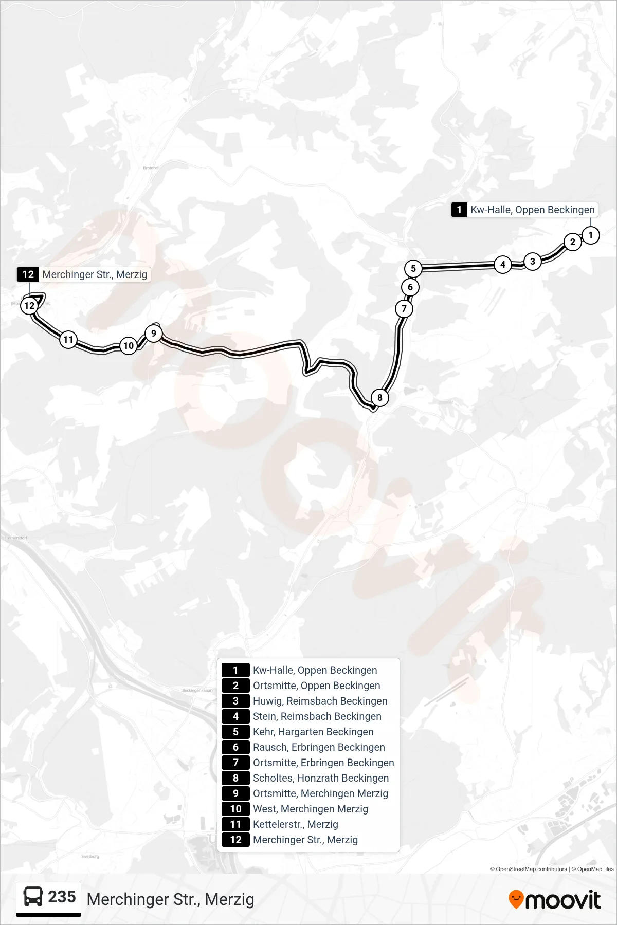 235 bus Line (Merchinger Str., Merzig) route and stops on a map