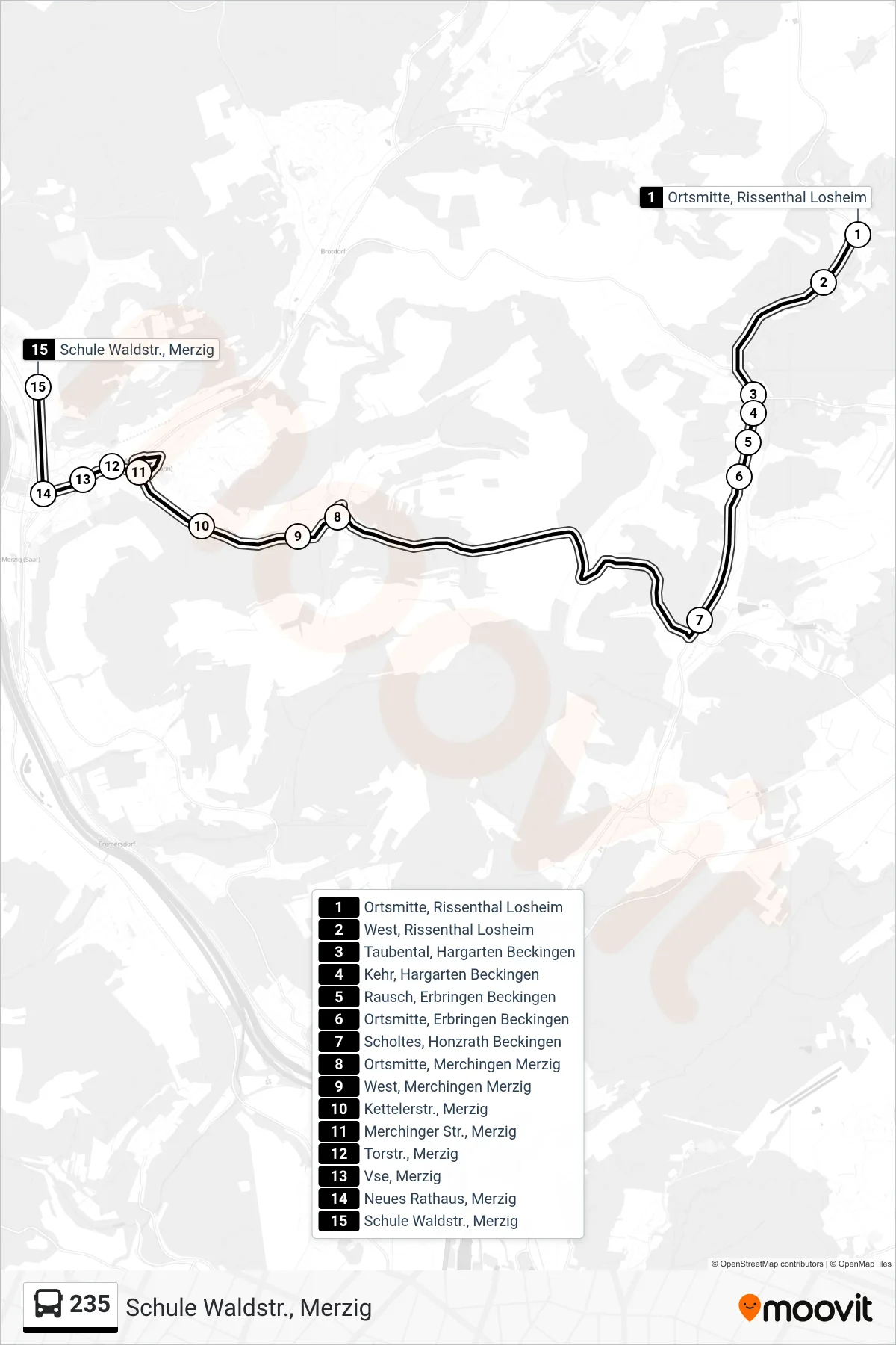 235 bus Line (Schule Waldstr., Merzig) route and stops on a map