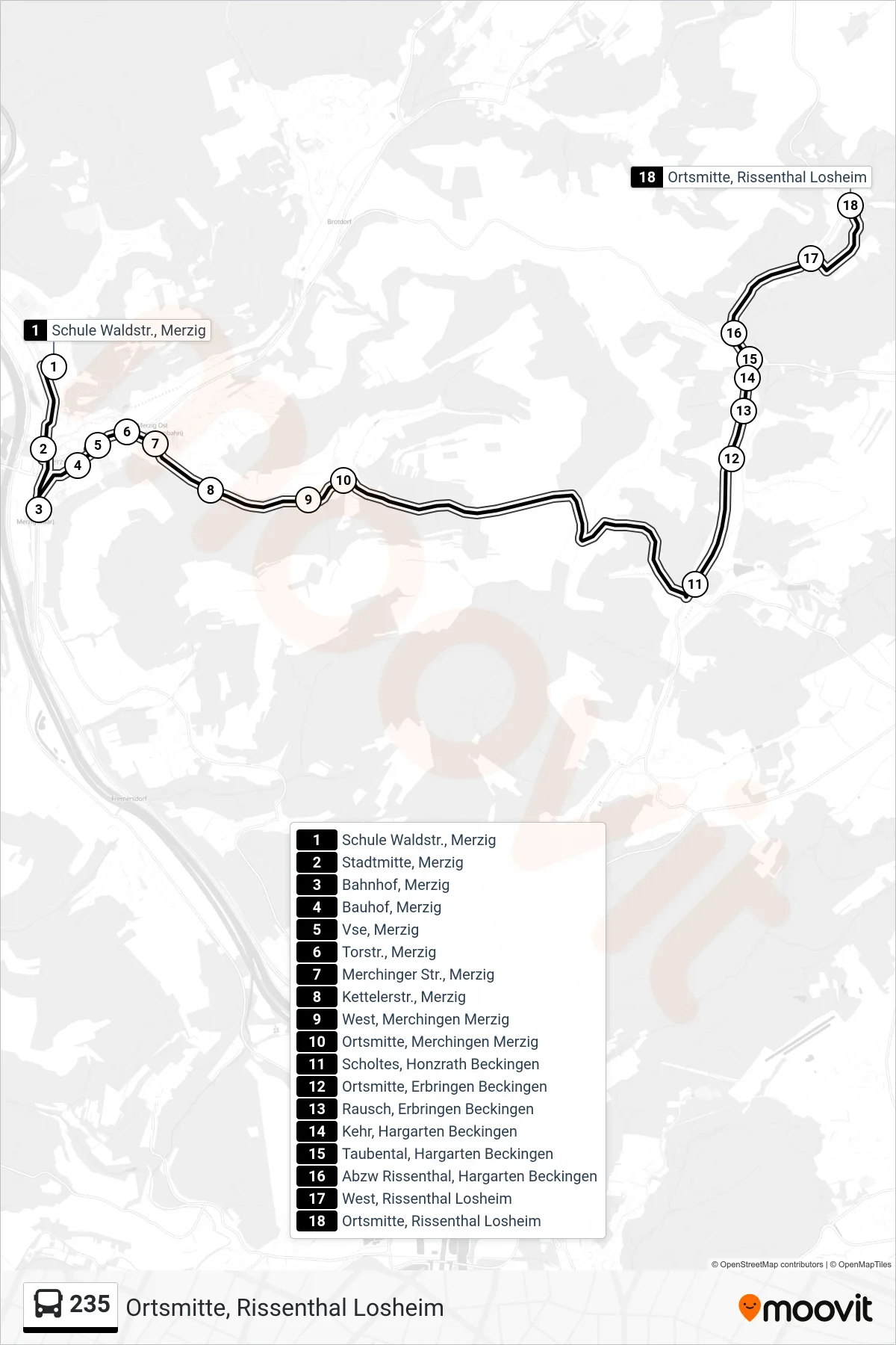 235 bus Line (Ortsmitte, Rissenthal Losheim) route and stops on a map