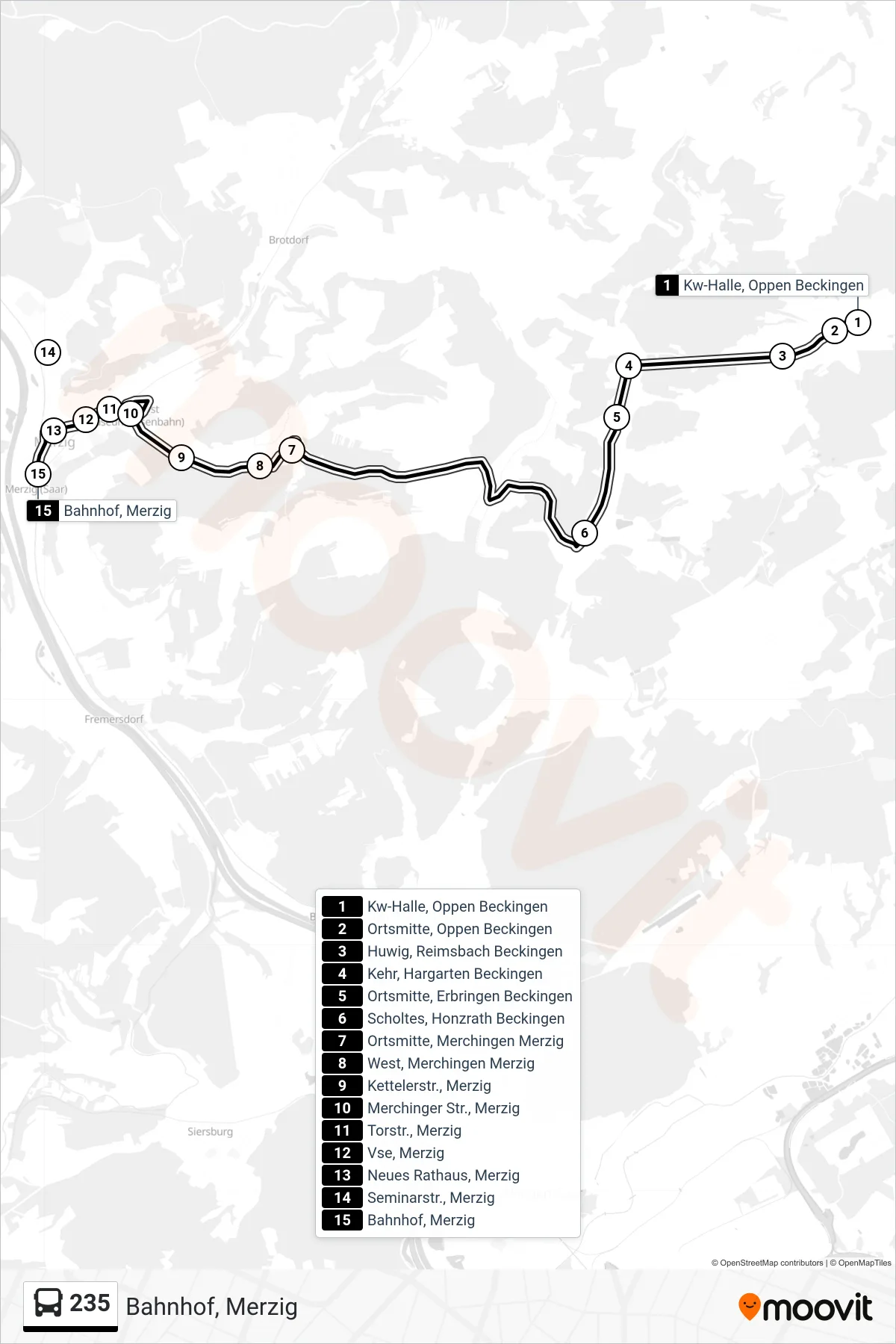 235 bus Line (Bahnhof, Merzig) route and stops on a map