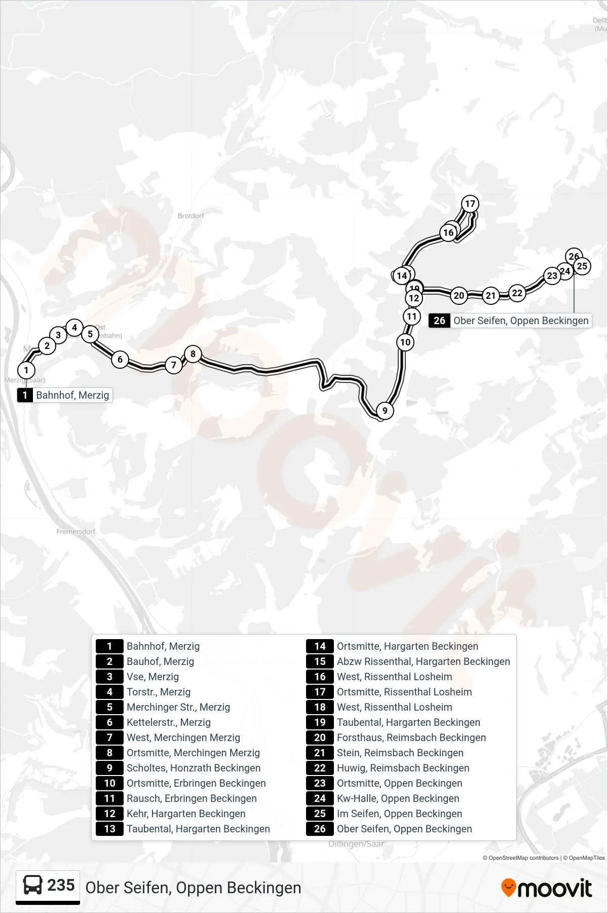 235 bus Line (Ober Seifen, Oppen Beckingen) route and stops on a map