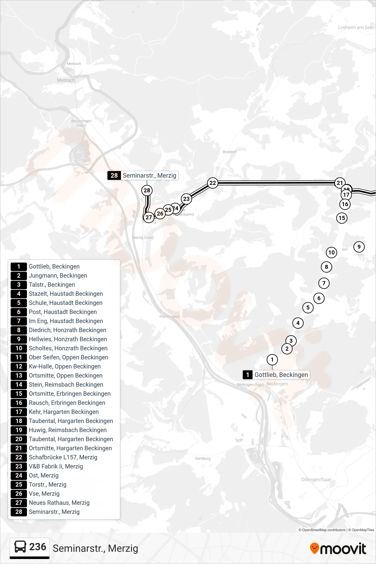 236 bus Line (Seminarstr., Merzig) route and stops on a map