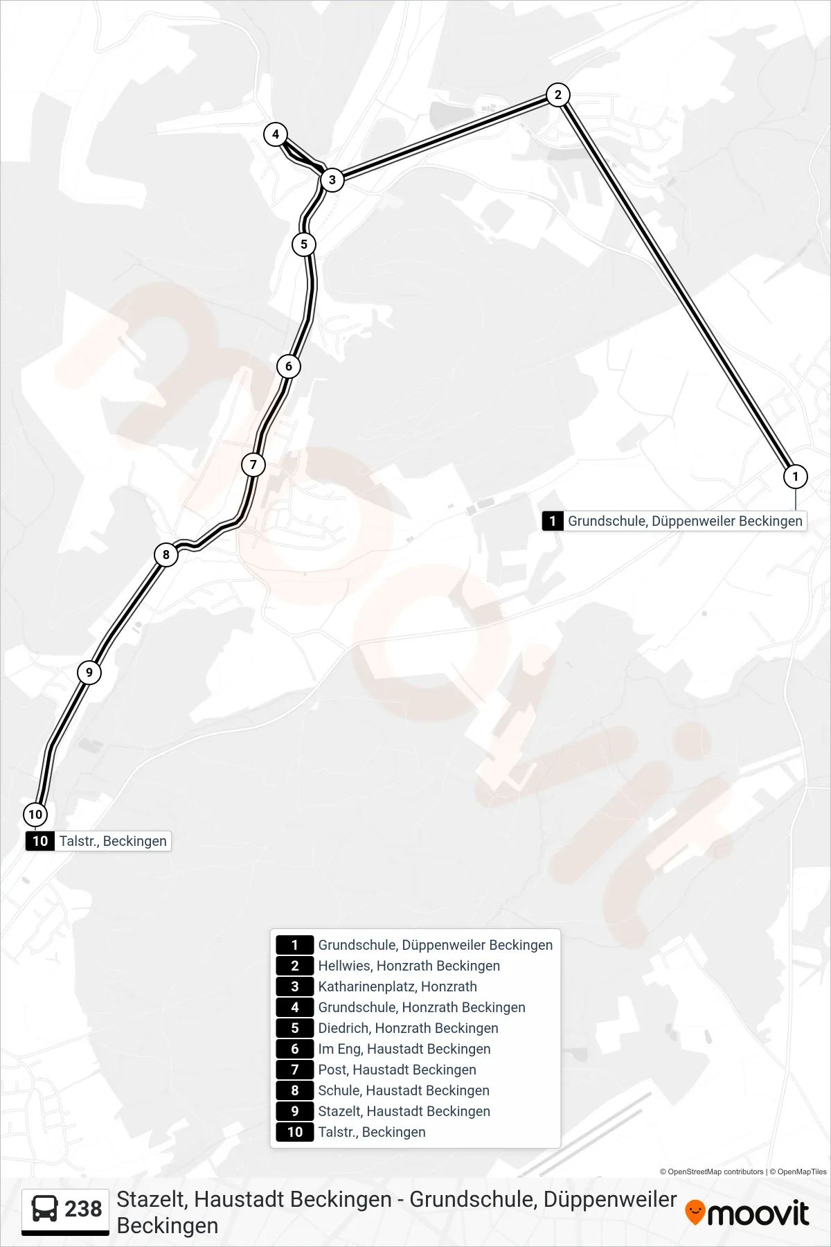 238 bus Line (Talstr., Beckingen) route and stops on a map
