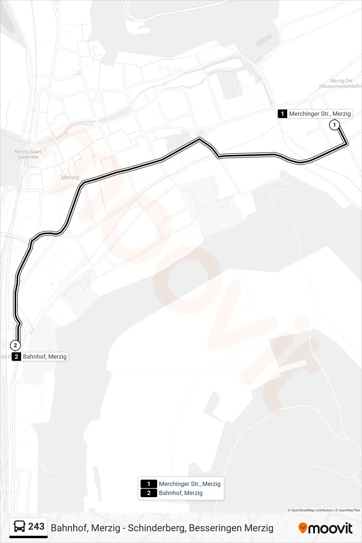 243 bus Line (Bahnhof, Merzig) route and stops on a map