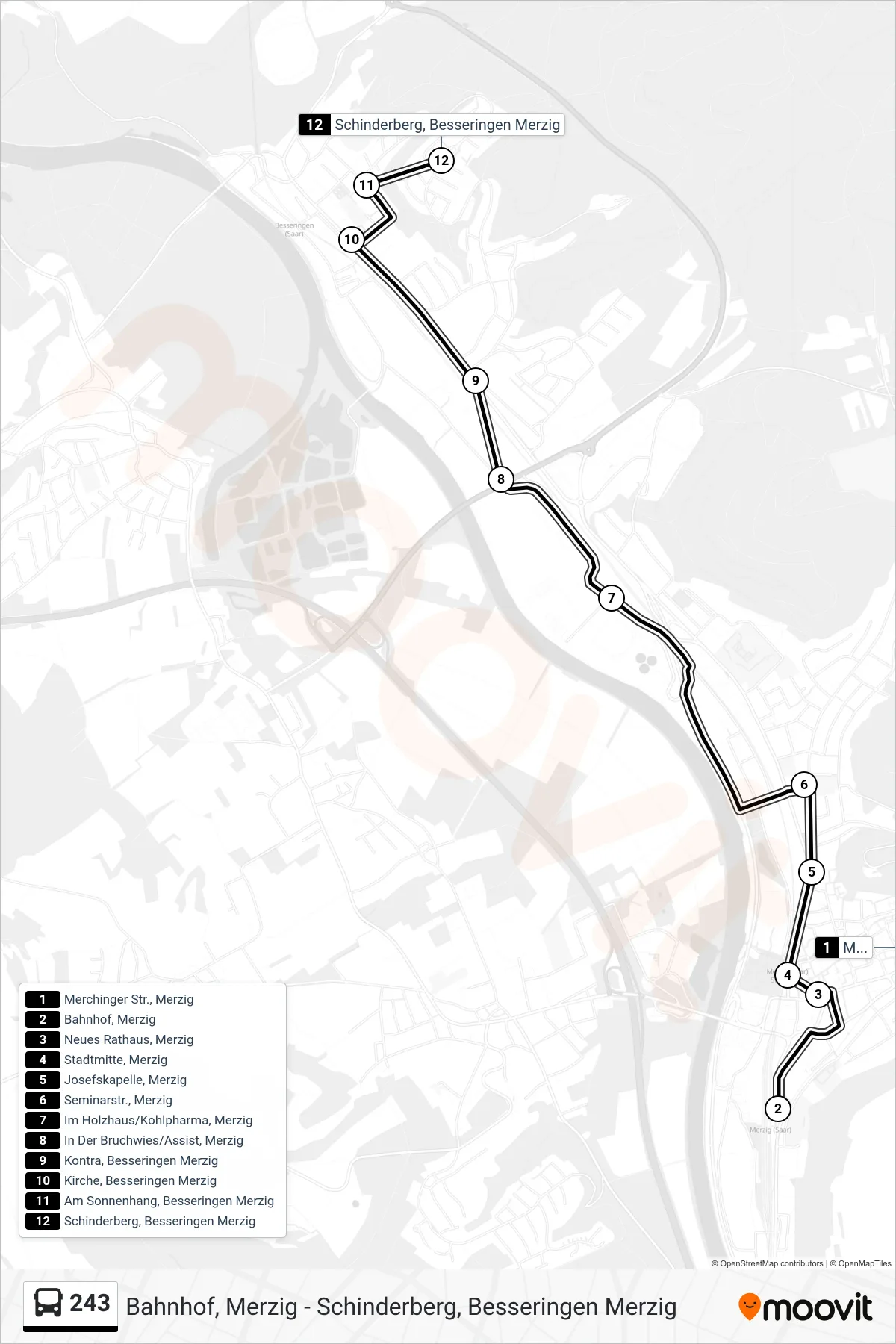 243 bus Line (Schinderberg, Besseringen Merzig) route and stops on a map