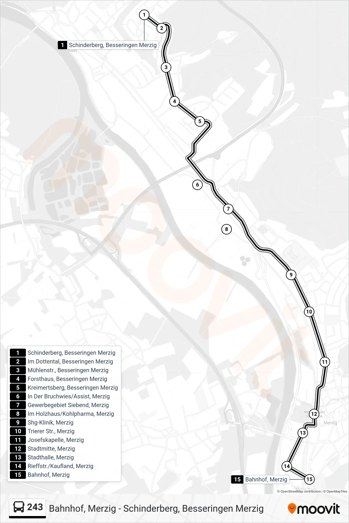243 bus Line (Bahnhof, Merzig) route and stops on a map