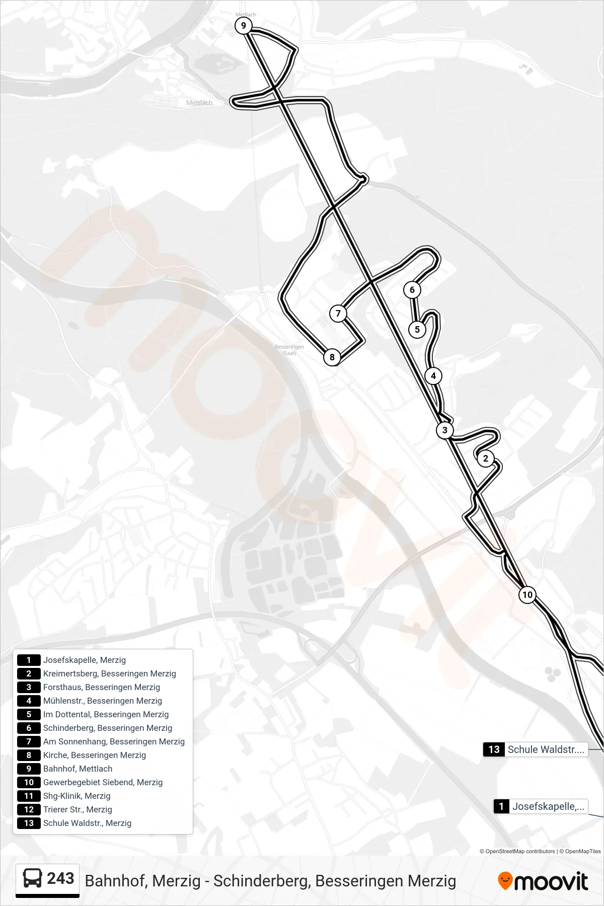 243 bus Line (Schule Waldstr., Merzig) route and stops on a map