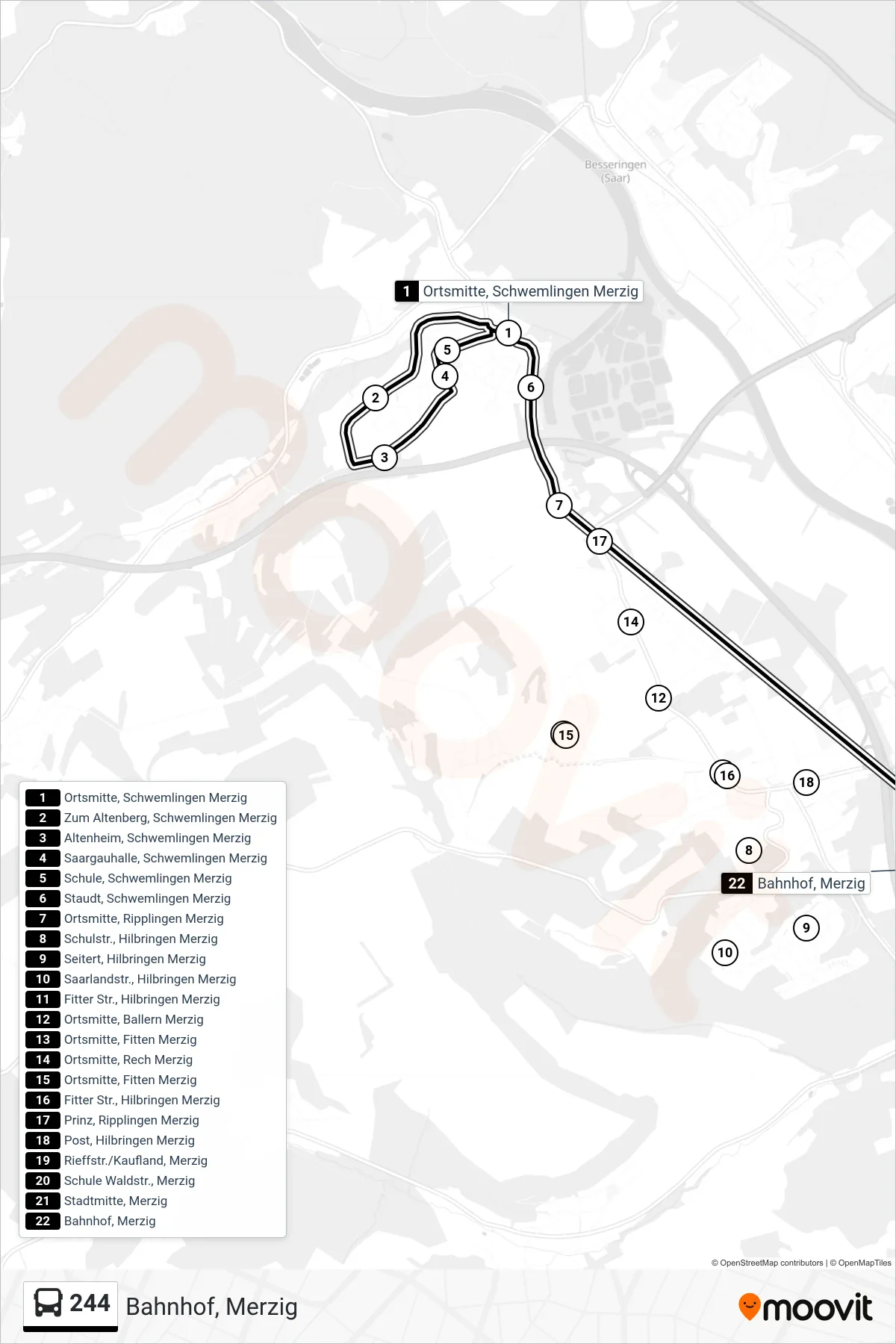 244 bus Line (Bahnhof, Merzig) route and stops on a map