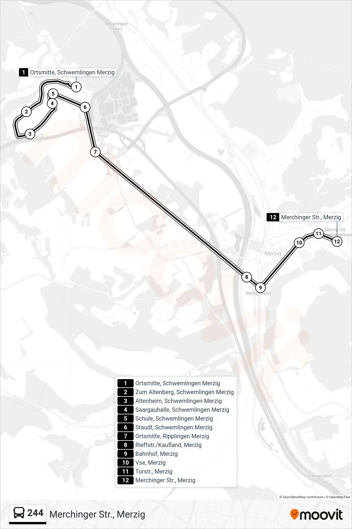 244 bus Line (Merchinger Str., Merzig) route and stops on a map