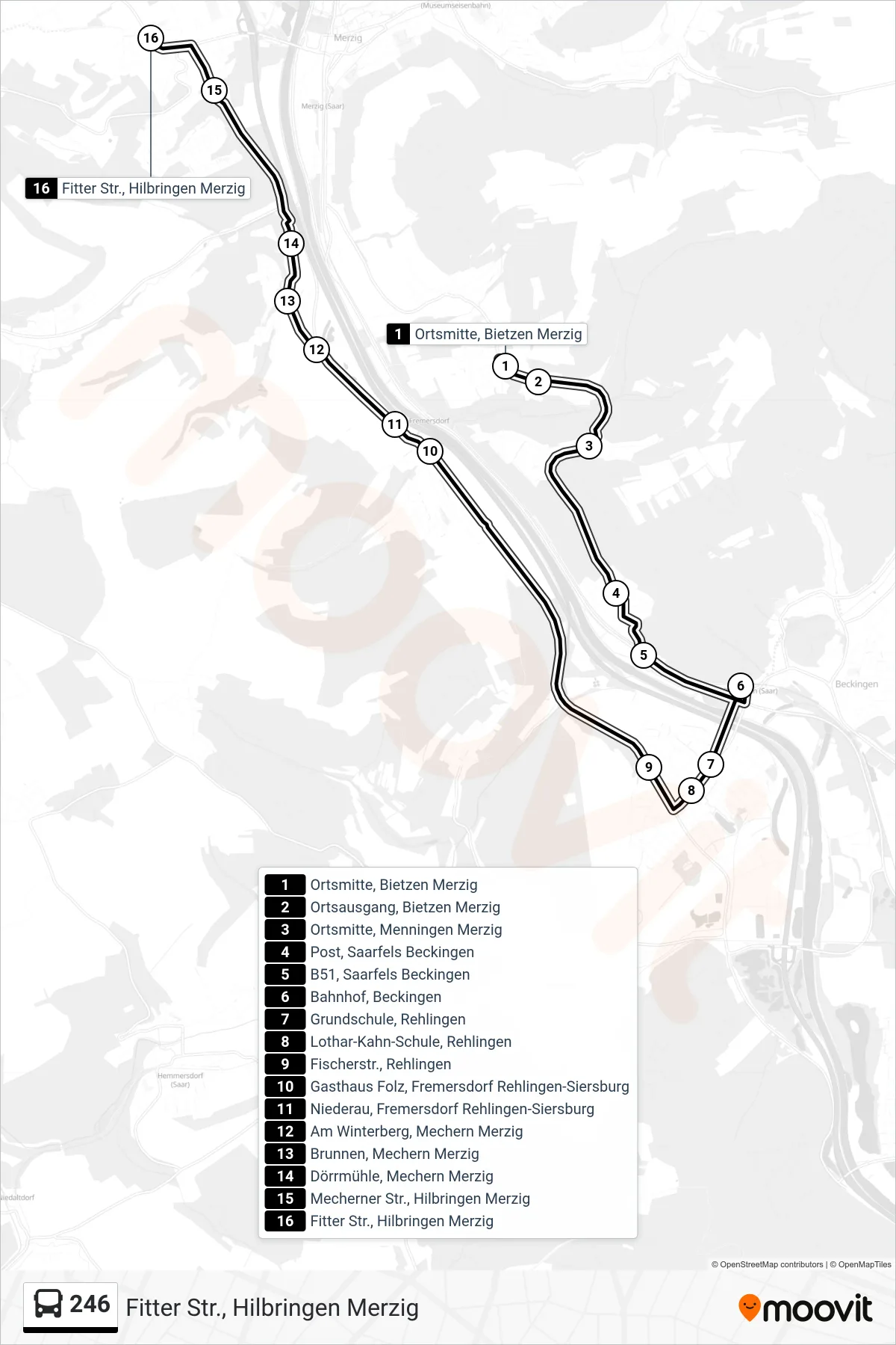 246 bus Line (Fitter Str., Hilbringen Merzig) route and stops on a map