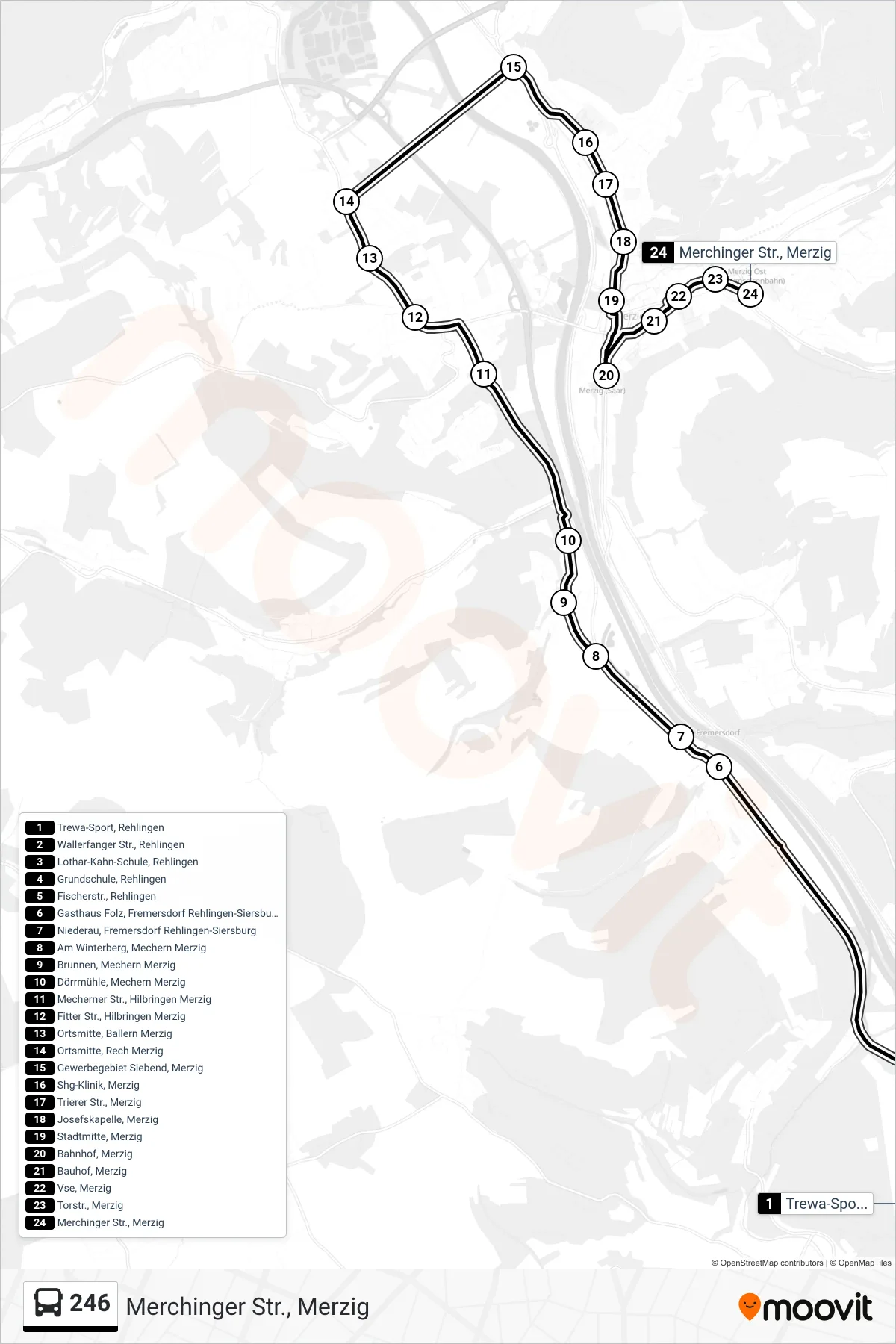 Linie 246 (Bus) Richtung Merchinger Str., Merzig: Route und Haltestellen auf der Karte