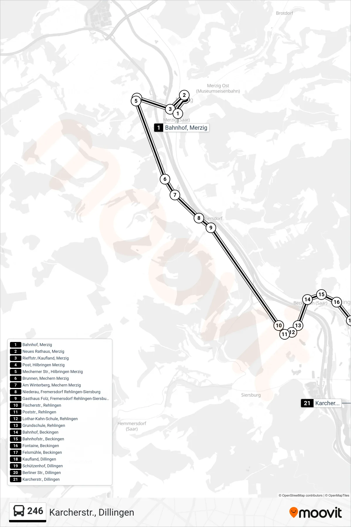 246 bus Line (Karcherstr., Dillingen) route and stops on a map