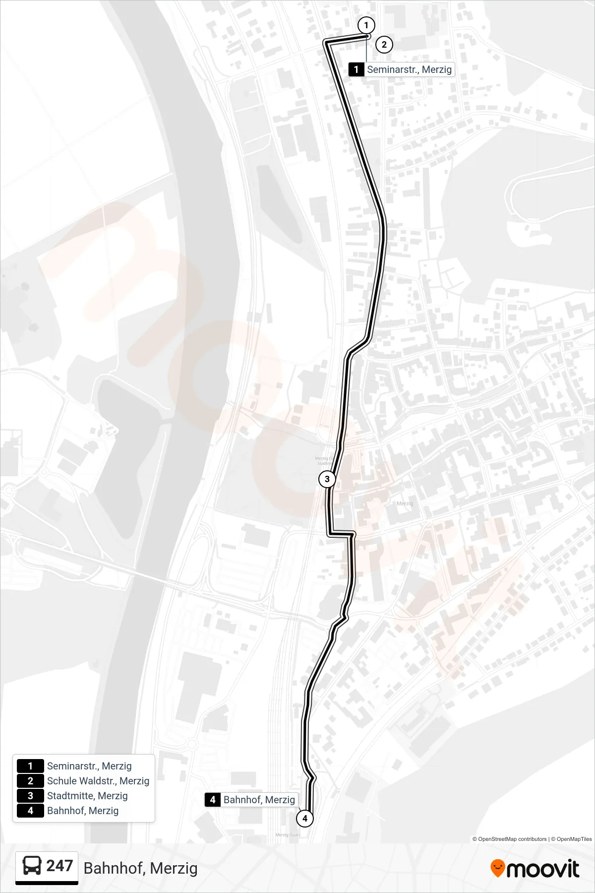247 bus Line (Bahnhof, Merzig) route and stops on a map