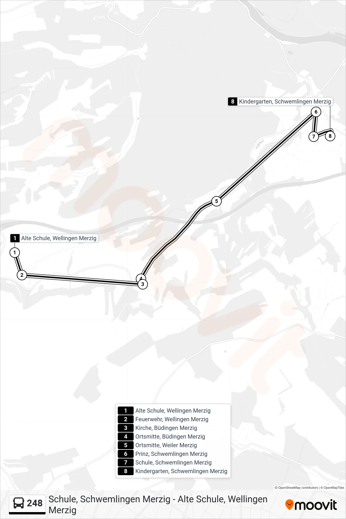 248 bus Line (Kindergarten, Schwemlingen Merzig) route and stops on a map