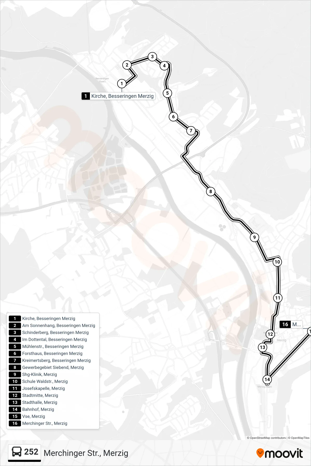 252 bus Line (Merchinger Str., Merzig) route and stops on a map