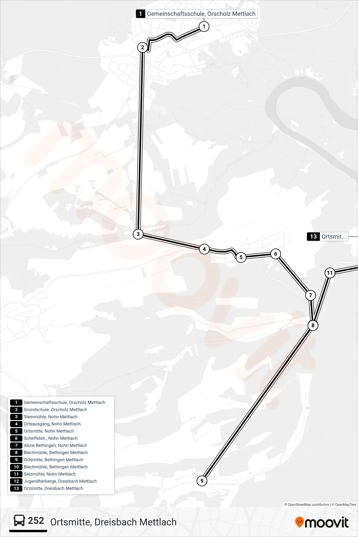 Linie 252 (Bus) Richtung Ortsmitte, Dreisbach Mettlach: Route und Haltestellen auf der Karte