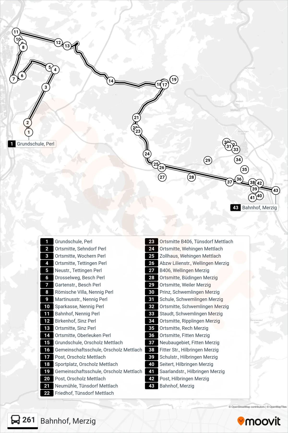 261 bus Line (Bahnhof, Merzig) route and stops on a map
