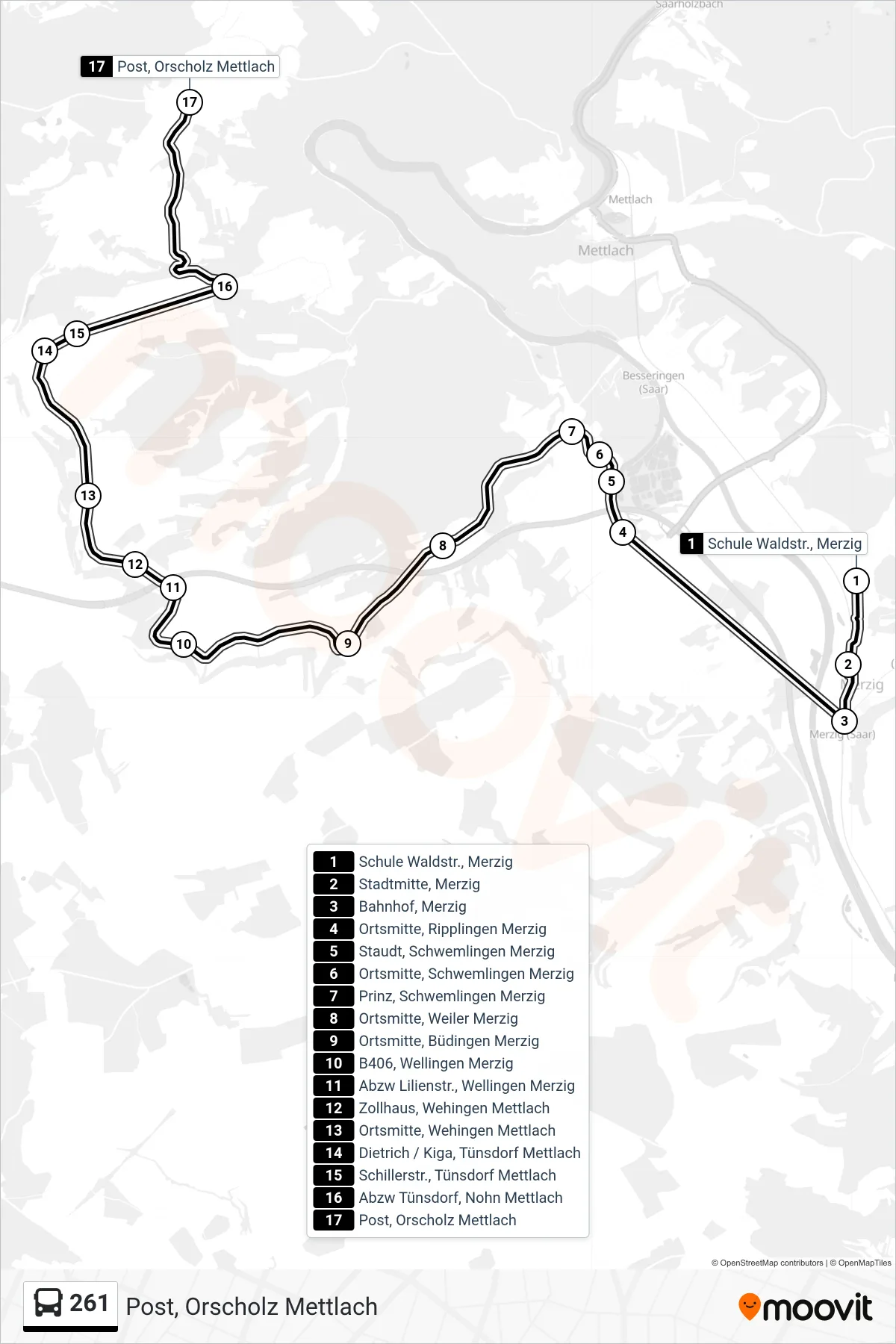 261 bus Line (Post, Orscholz Mettlach) route and stops on a map