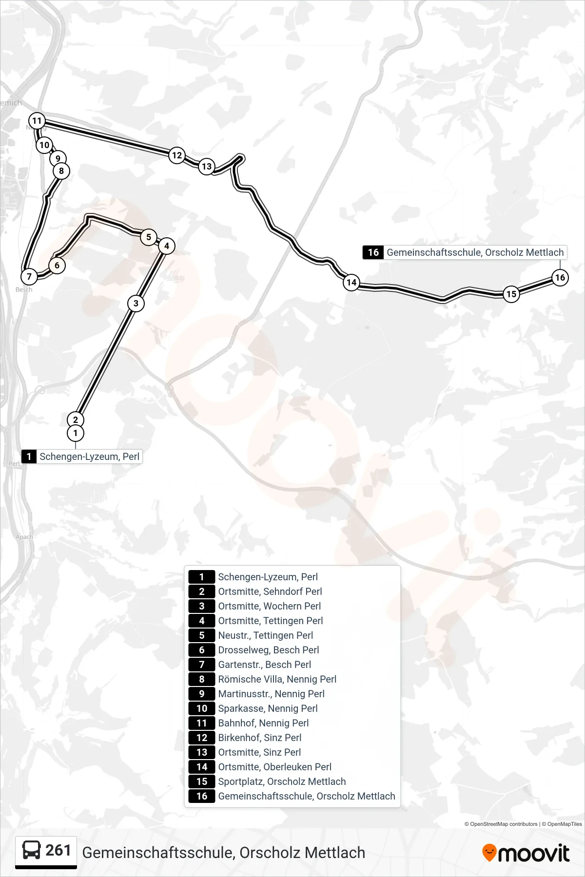 261 bus Line (Gemeinschaftsschule, Orscholz Mettlach) route and stops on a map