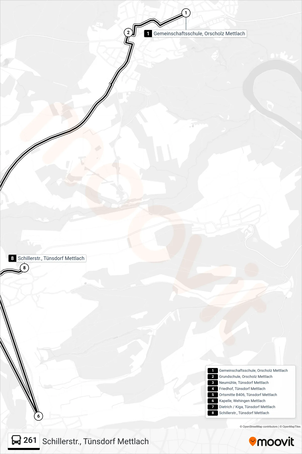 261 bus Line (Schillerstr., Tünsdorf Mettlach) route and stops on a map